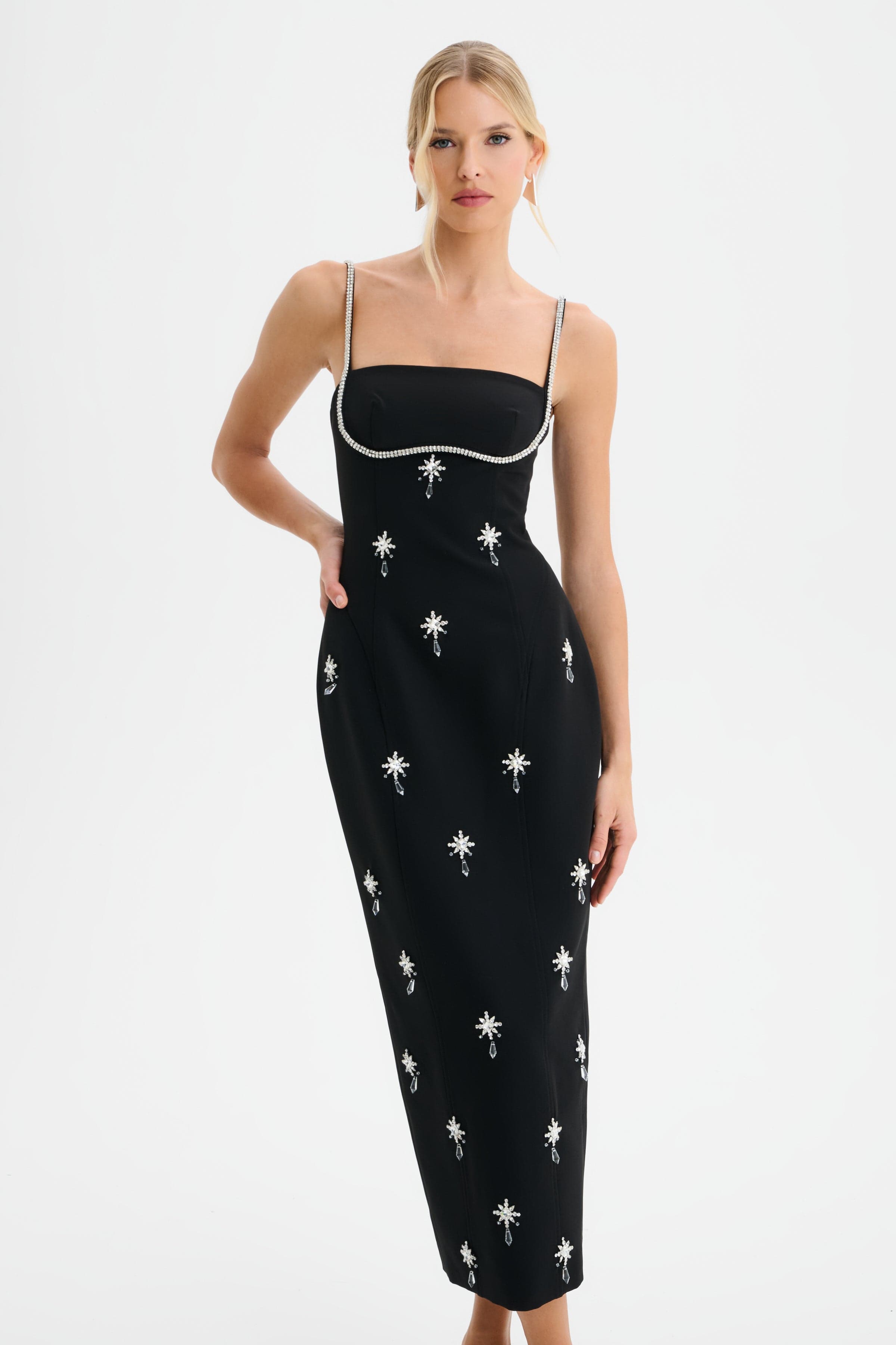 DAISY Hand Embellished Contour Tailored Midi Dress in Black
