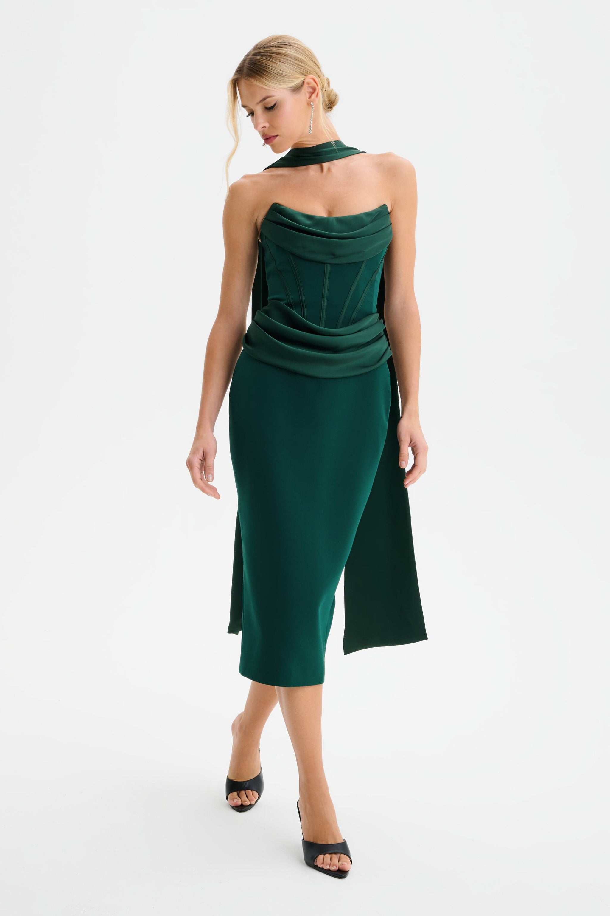 ZENDEYA Satin Draped Corset Midi Dress with Neck Scarf in Emerald Gree
