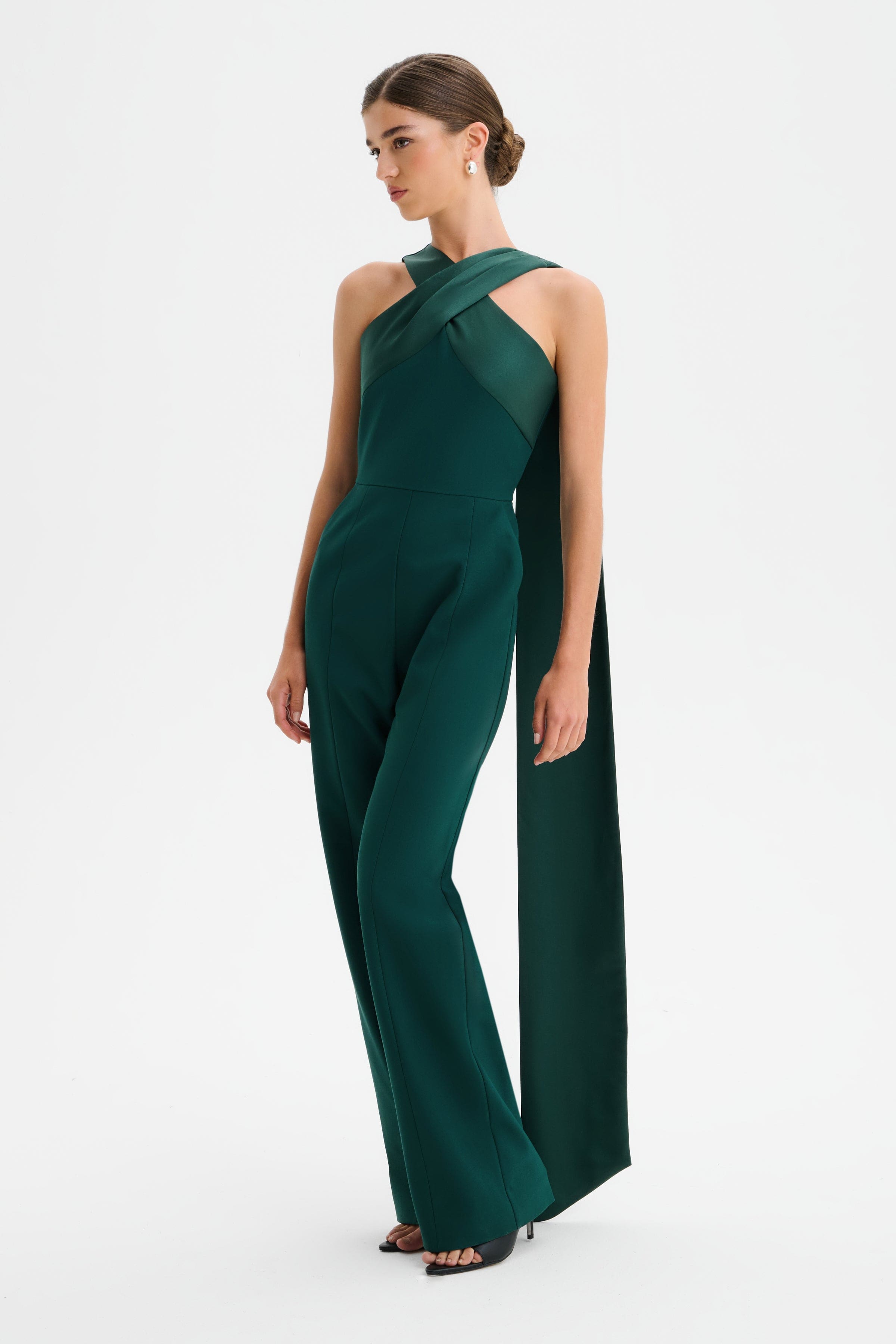 CHANTELLE Cross Neck Straight Leg Jumpsuit with Satin Drape in Emerald