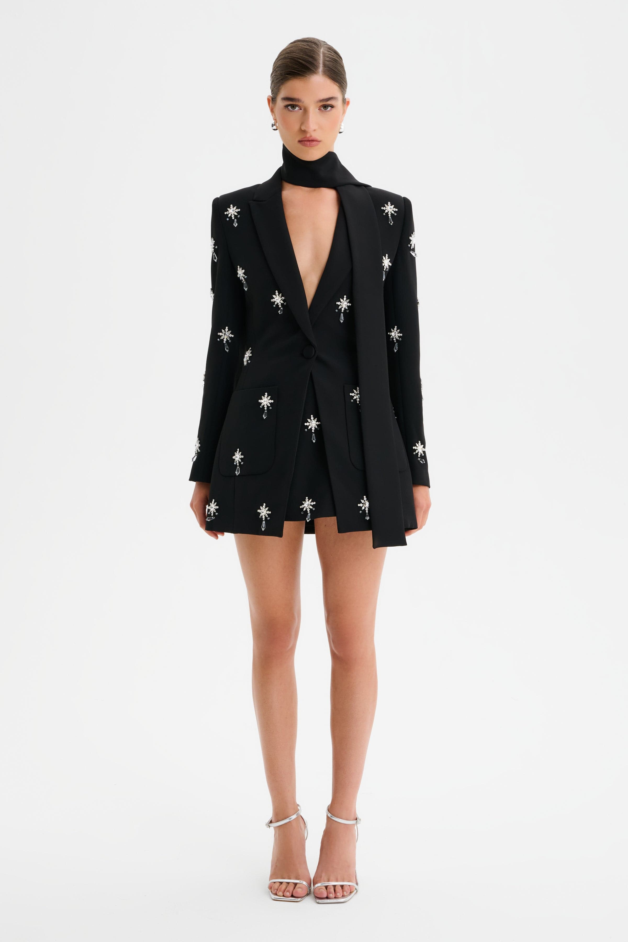 ARIA Jewel Embellished Tailored Jacket with Scarf in Black