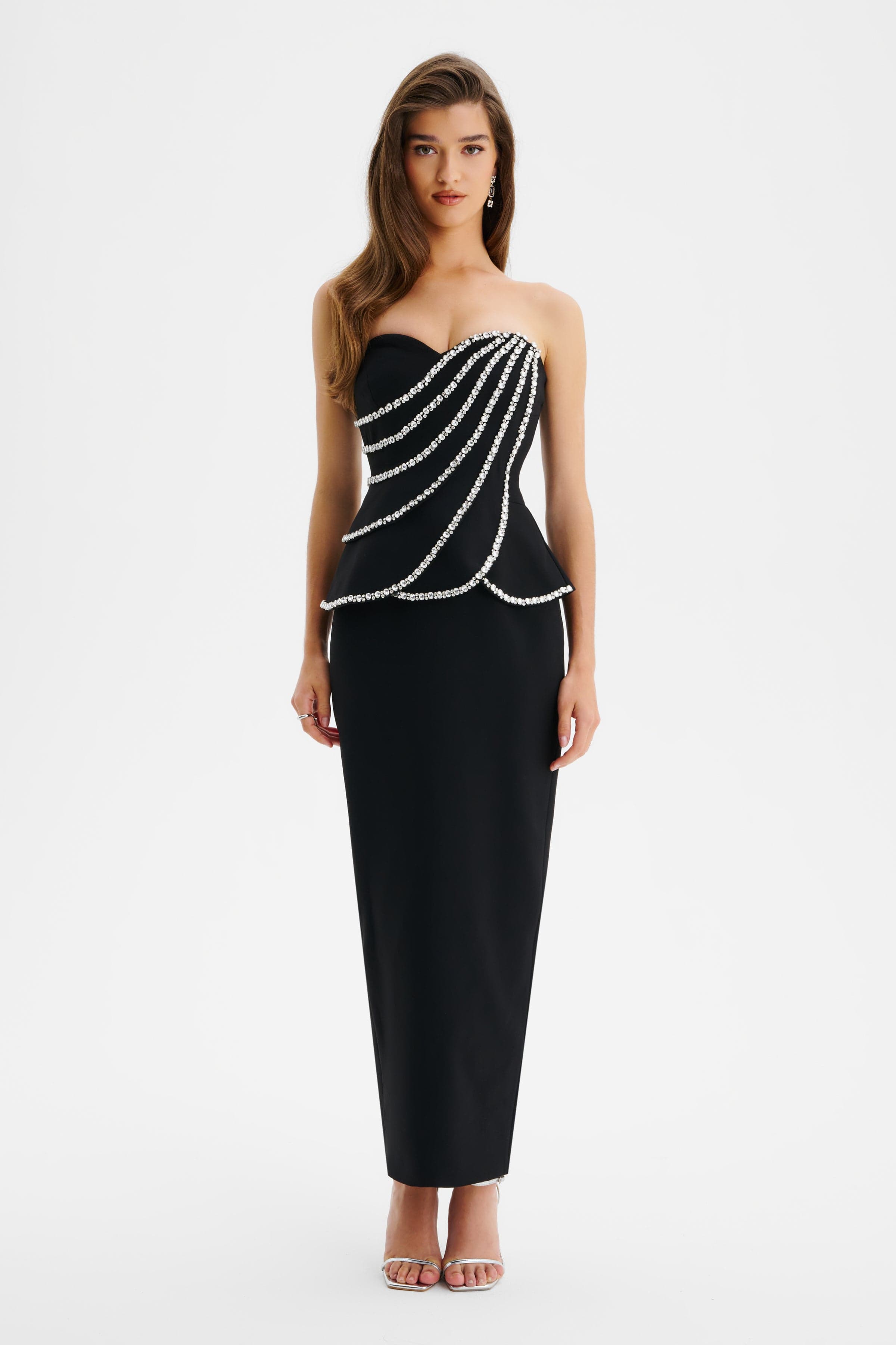 CELESTINE Diamante Embellished Scallop Peplum Midi Dress In Black