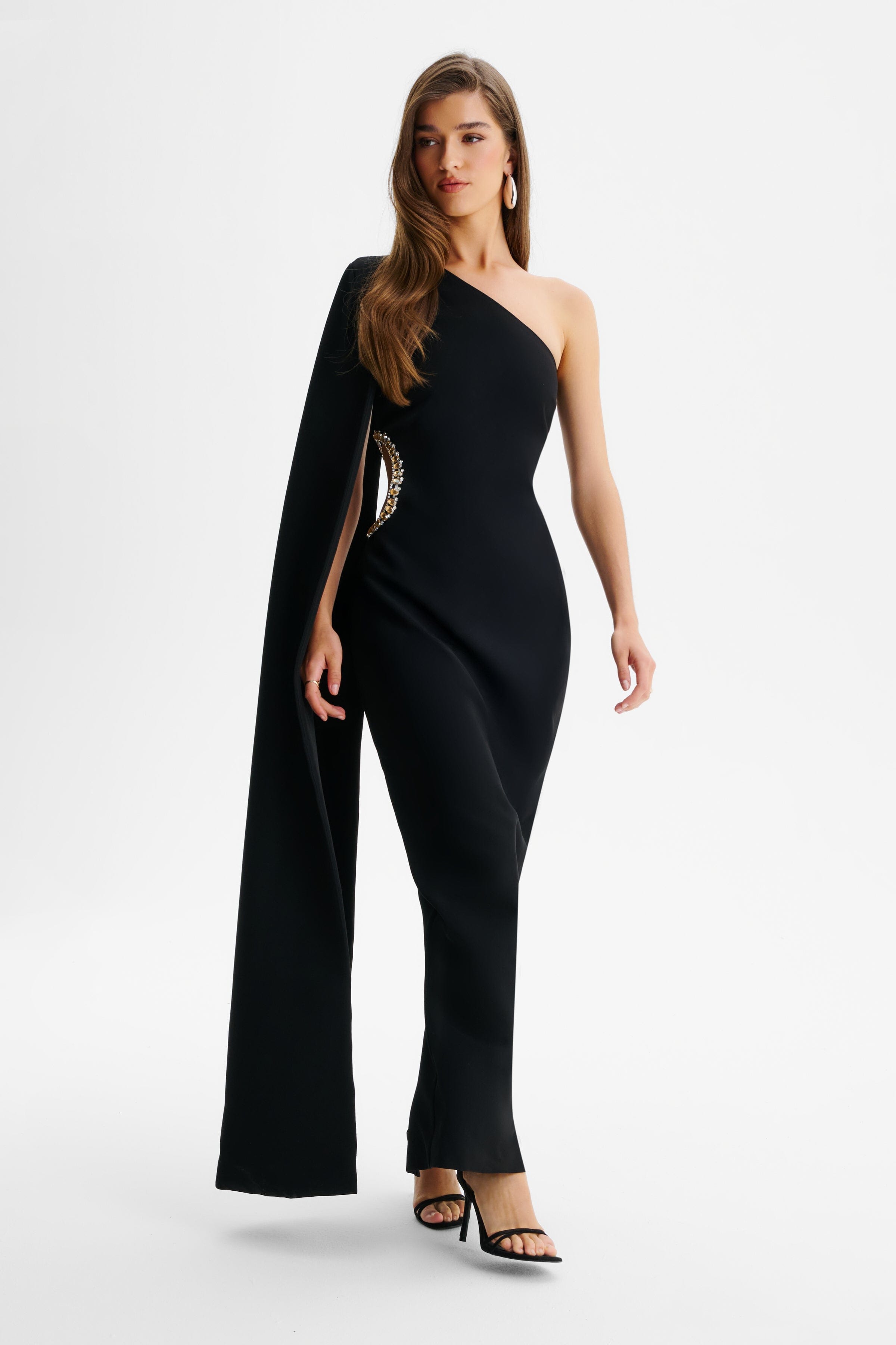 VIVIANA Asymmetric Embellished Cut Out Maxi Cape Dress In Black