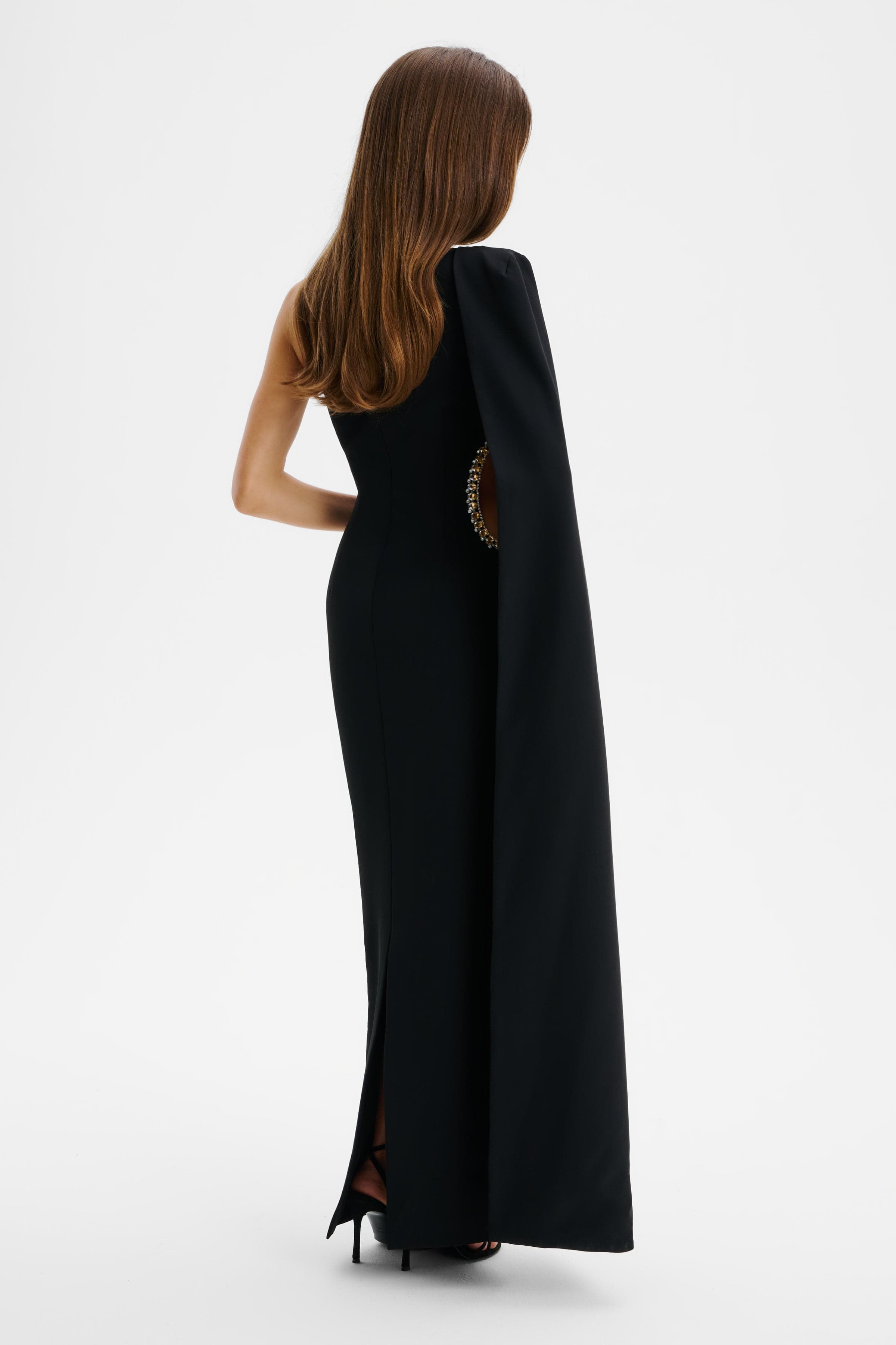 VIVIANA Asymmetric Embellished Cut Out Maxi Cape Dress In Black