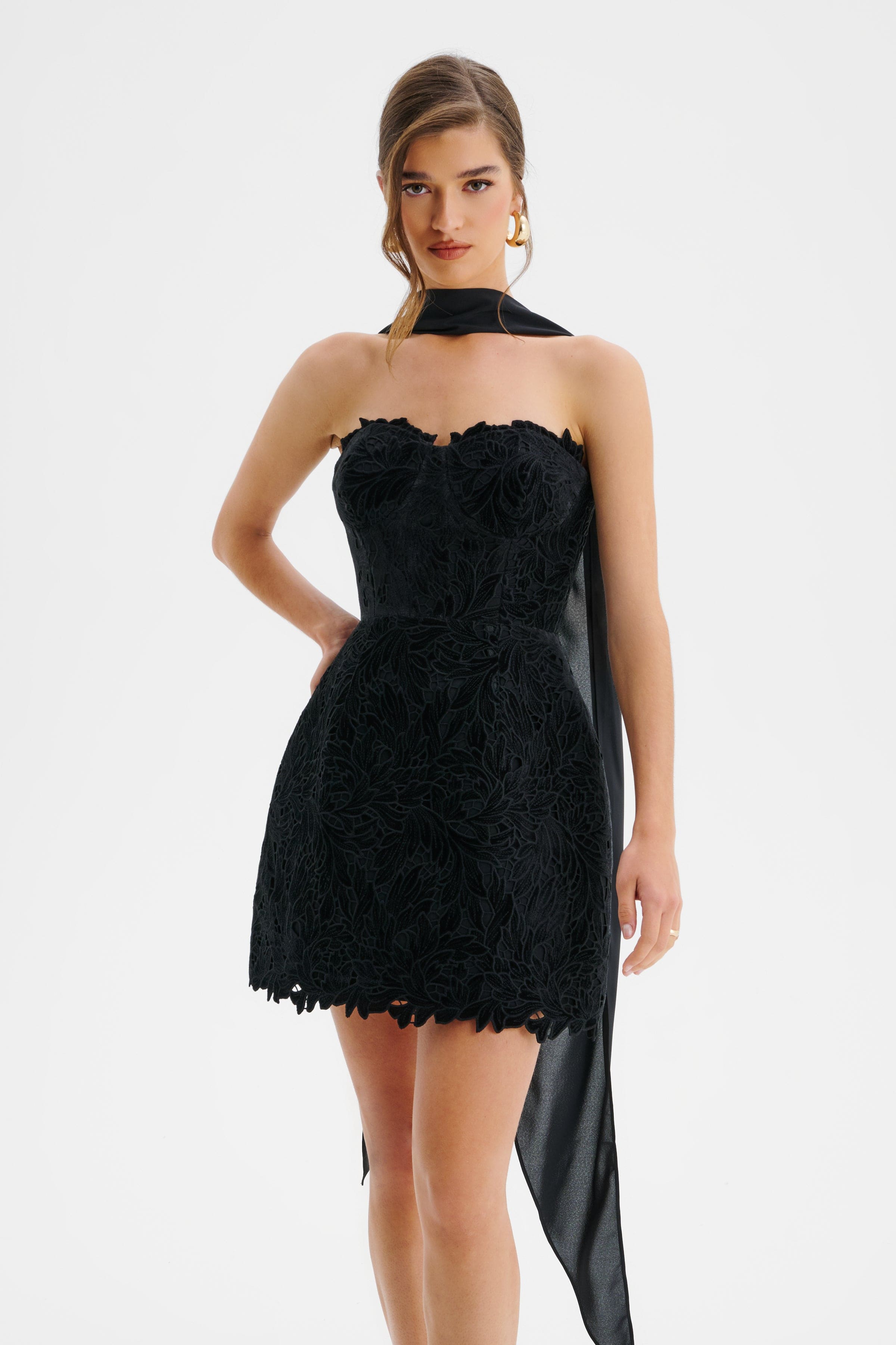 PALOMA Velvet Guipure Lace Corset Mini Dress In Black
