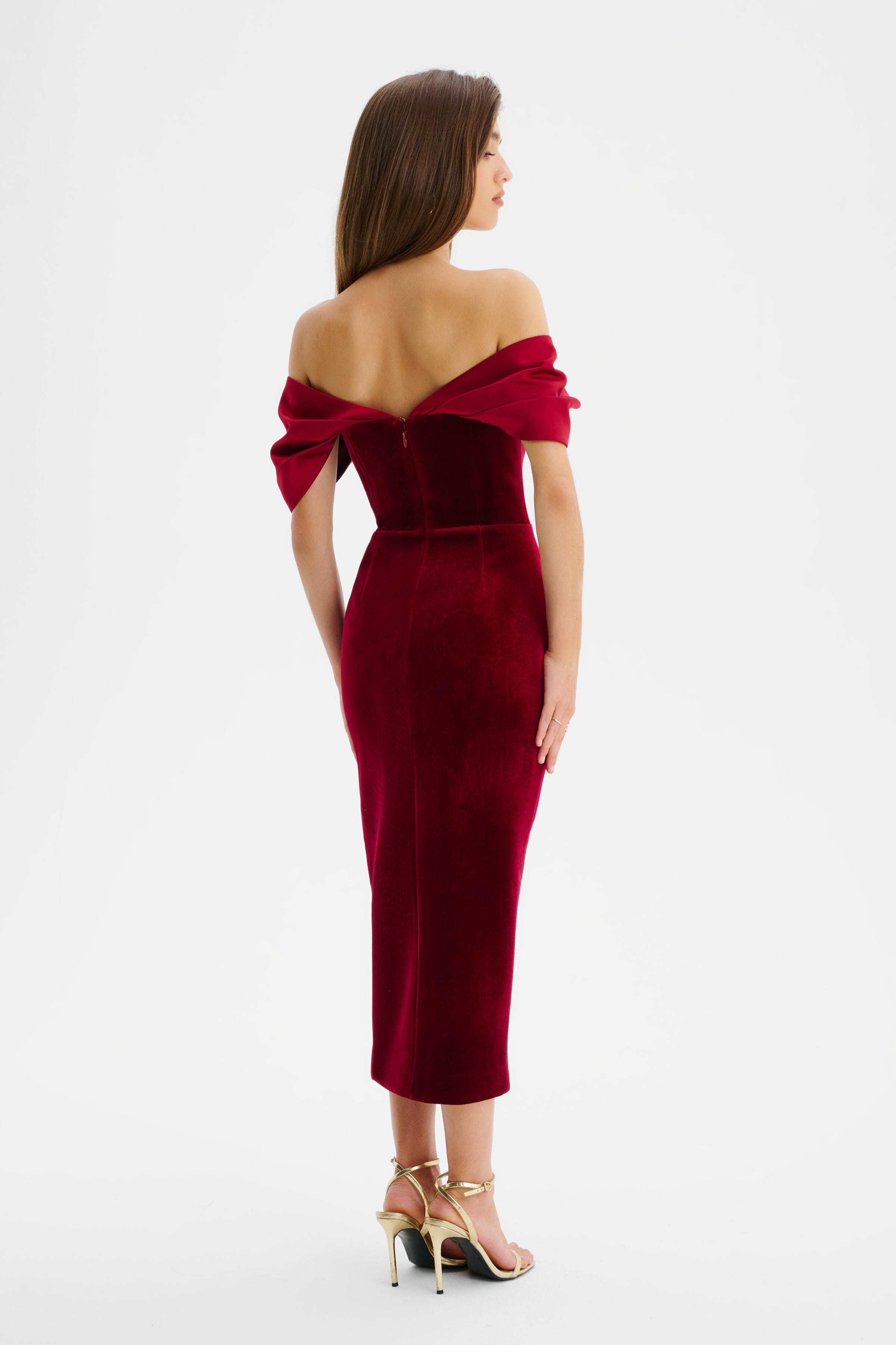 NOELLE Velvet Satin Mix Bardot Midi Dress In Burgundy