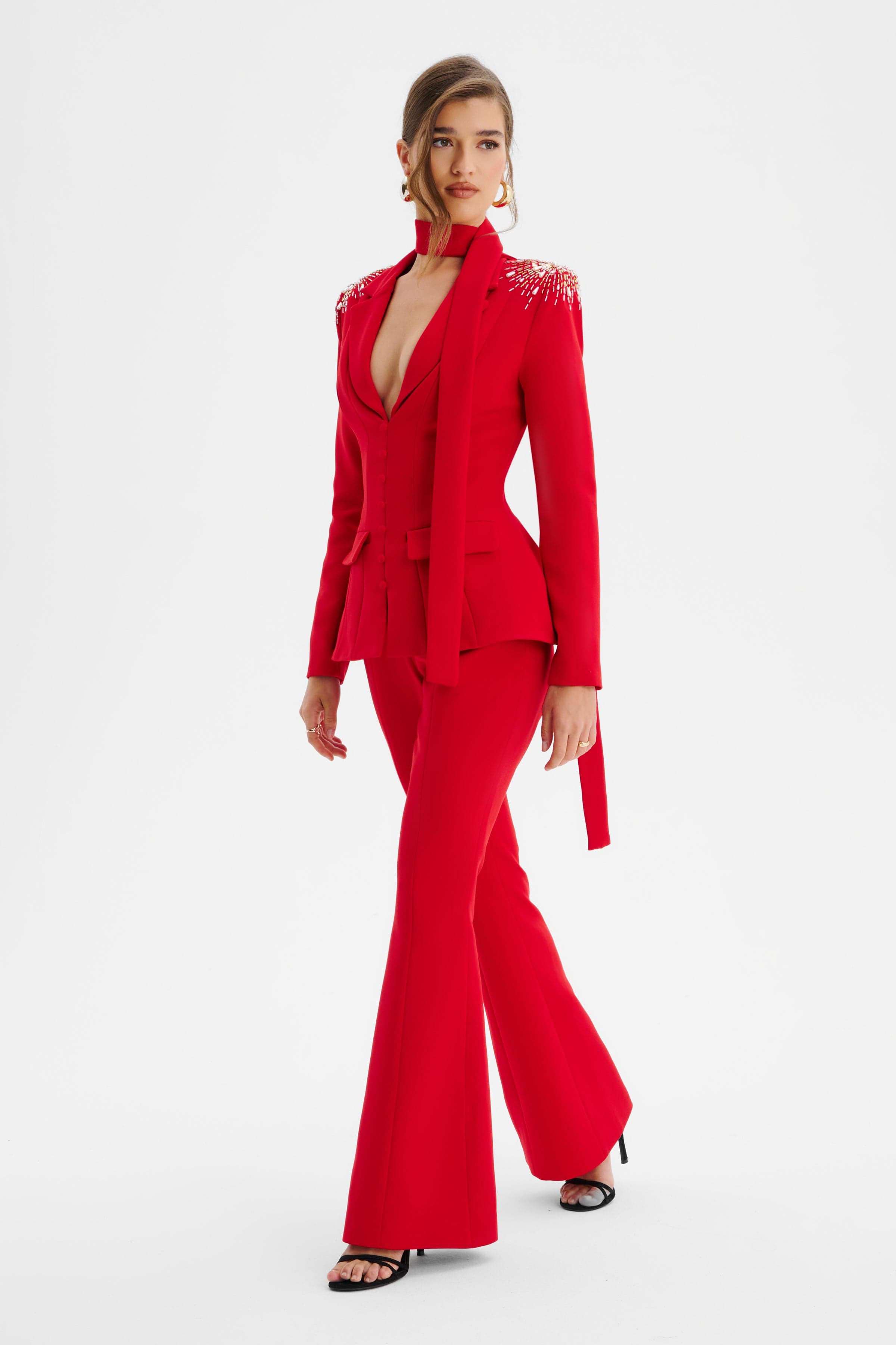 THALIA Shoulder Hand Embellished Sculptured Blazer Jumpsuit In Red