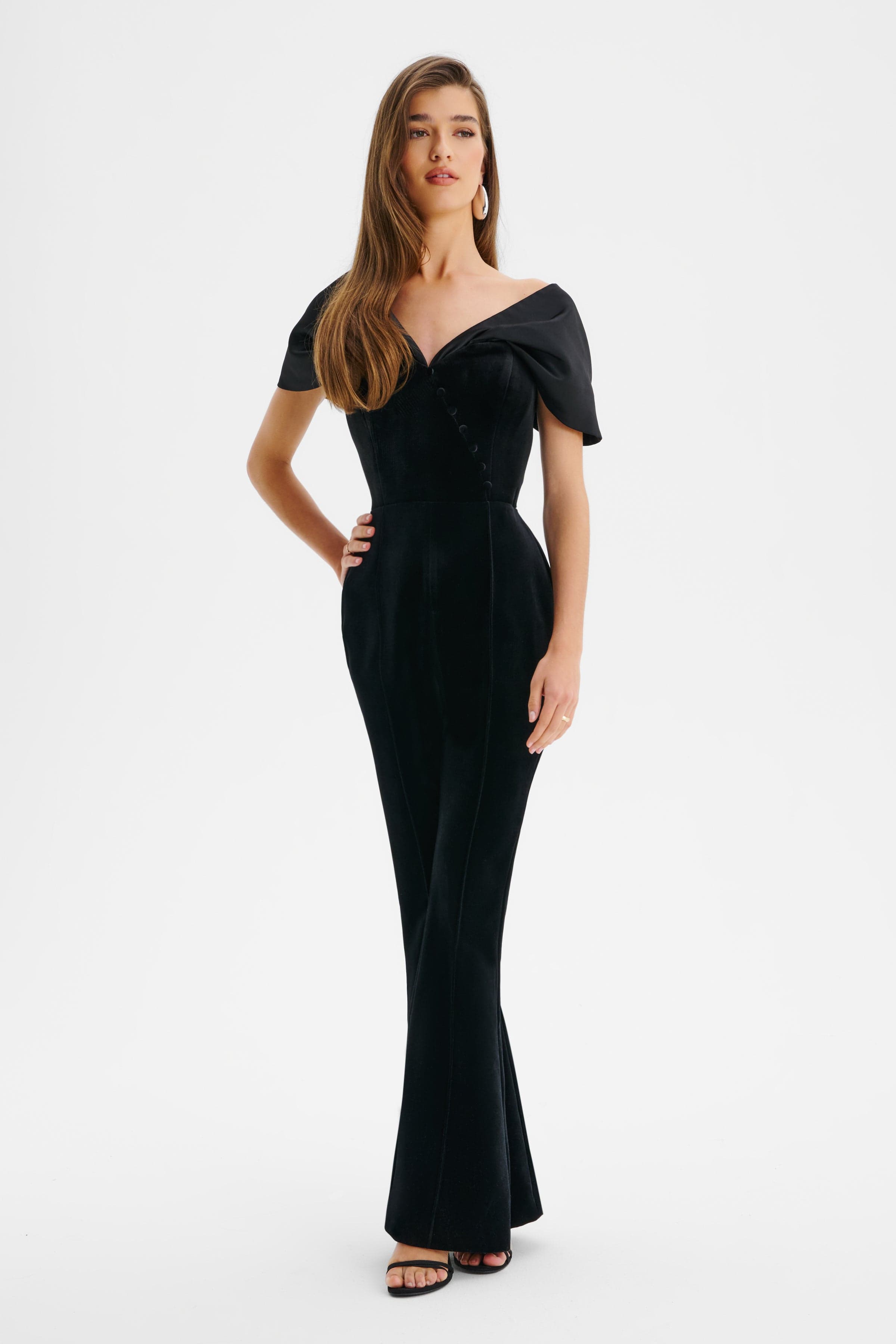 ANTONIA Velvet Satin Mix Bardot Jumpsuit In Black