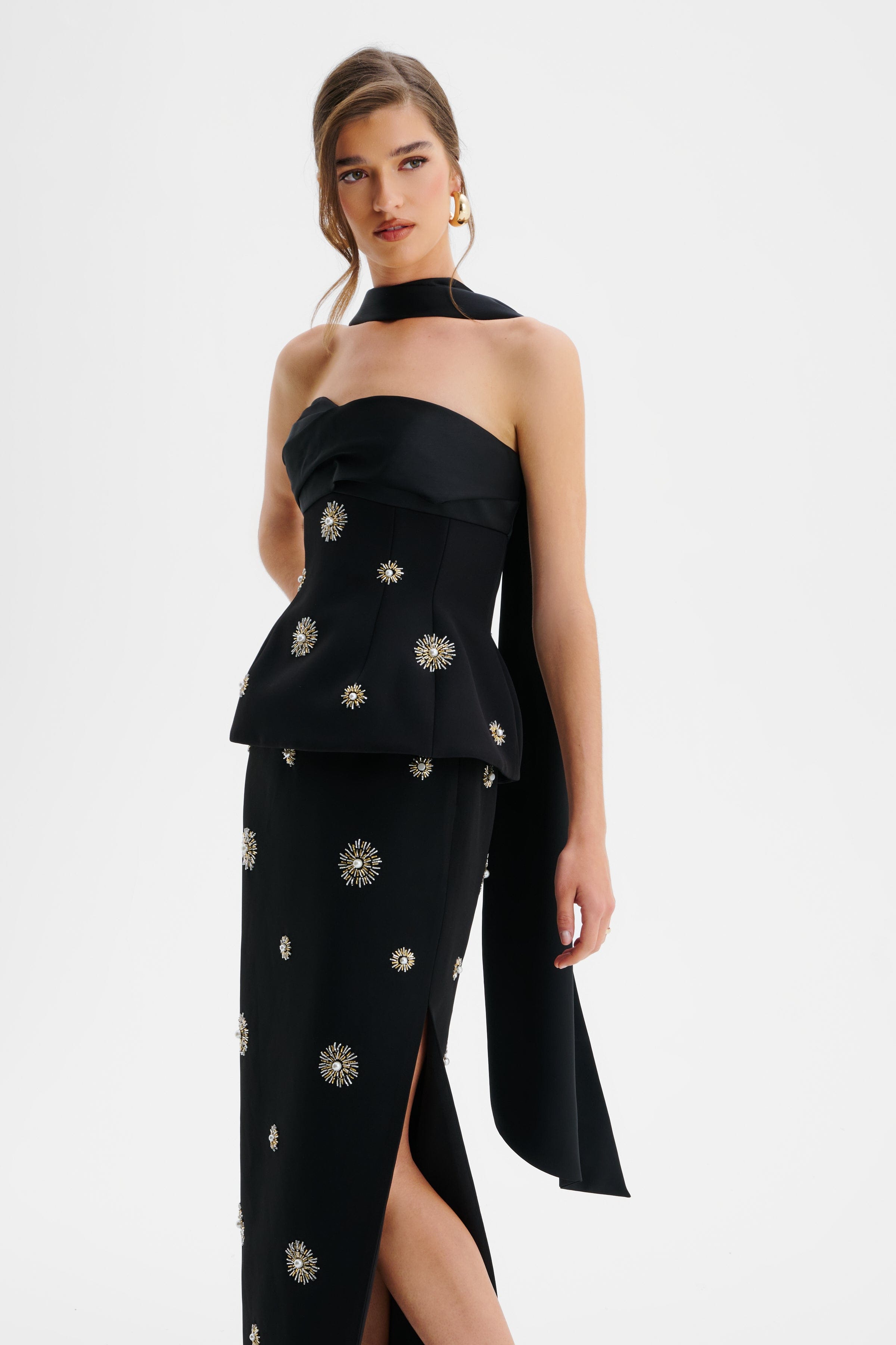 IVY Star Embellished Bandeau Corset Top With Scarf In Black