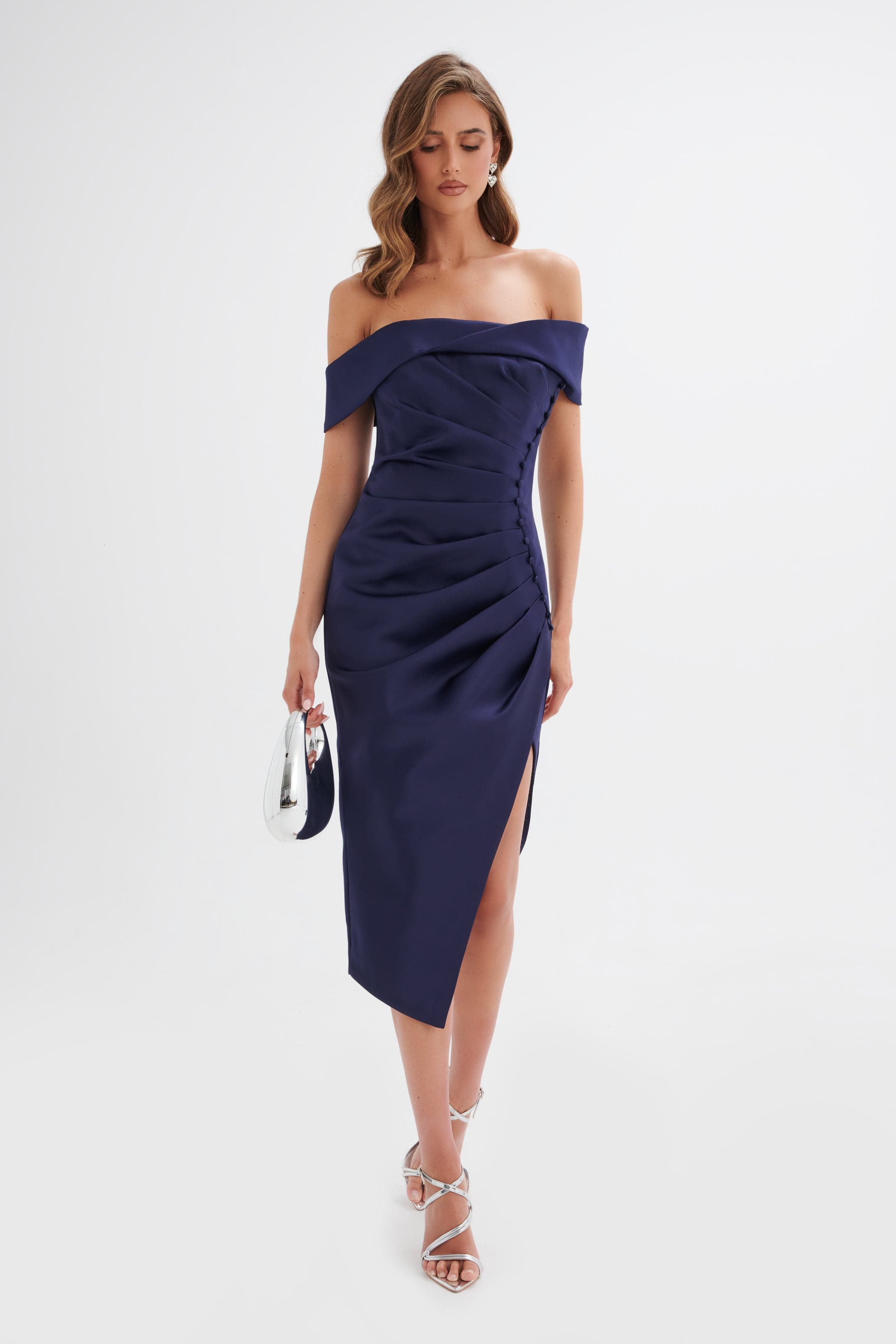 LUCILLE Twist Bardot Pleated Midi Dress in Navy