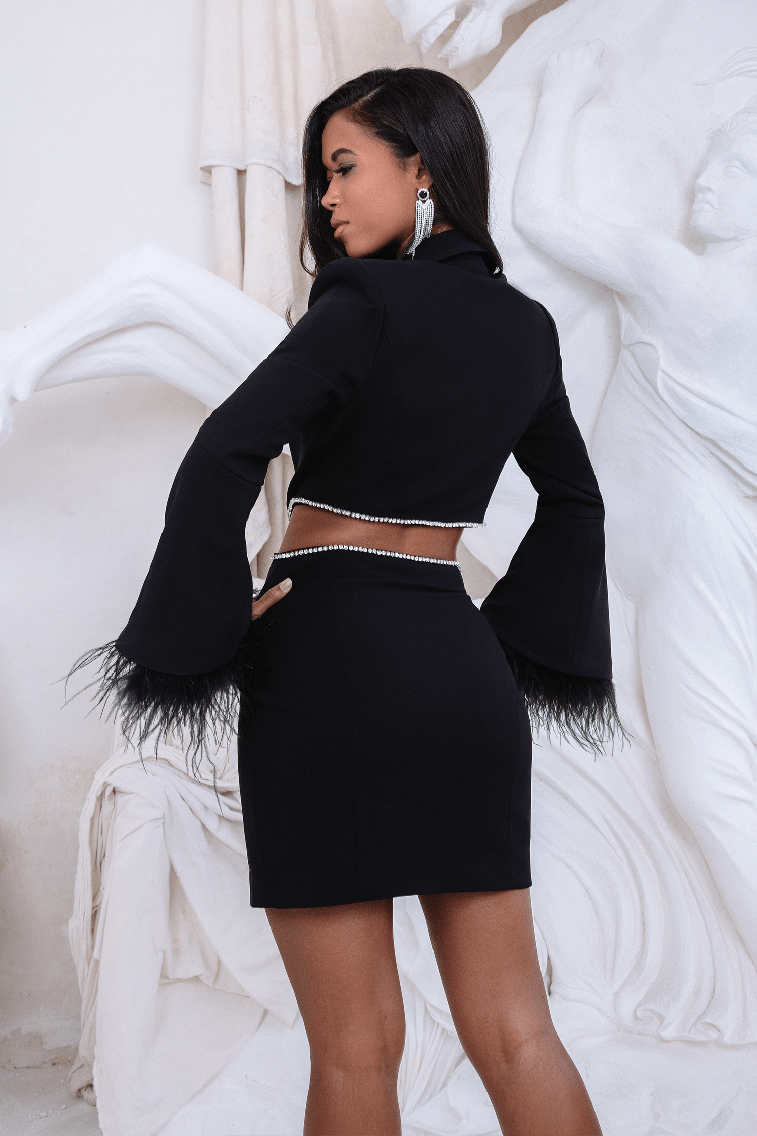 ERIN Flared & Feather Sleeve Diamante Trim Blazer Mini Dress in Black