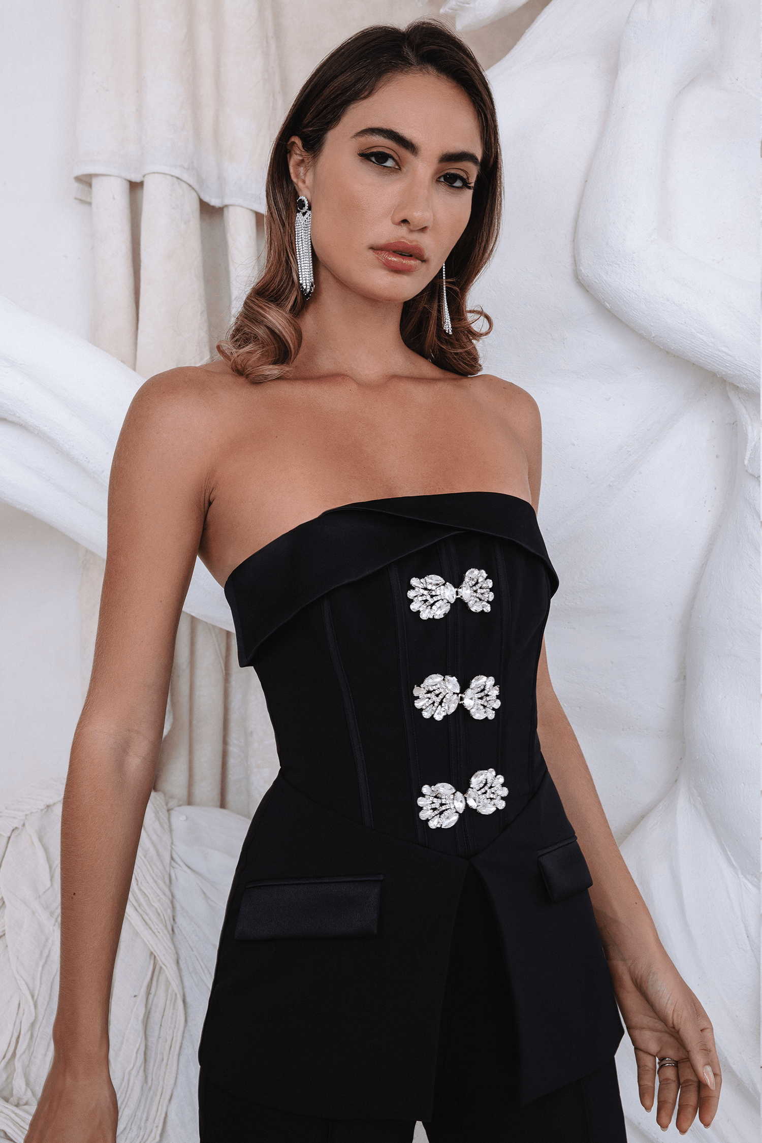 AMANI Diamante Trim Tailored Bandeau Jumpsuit in Black