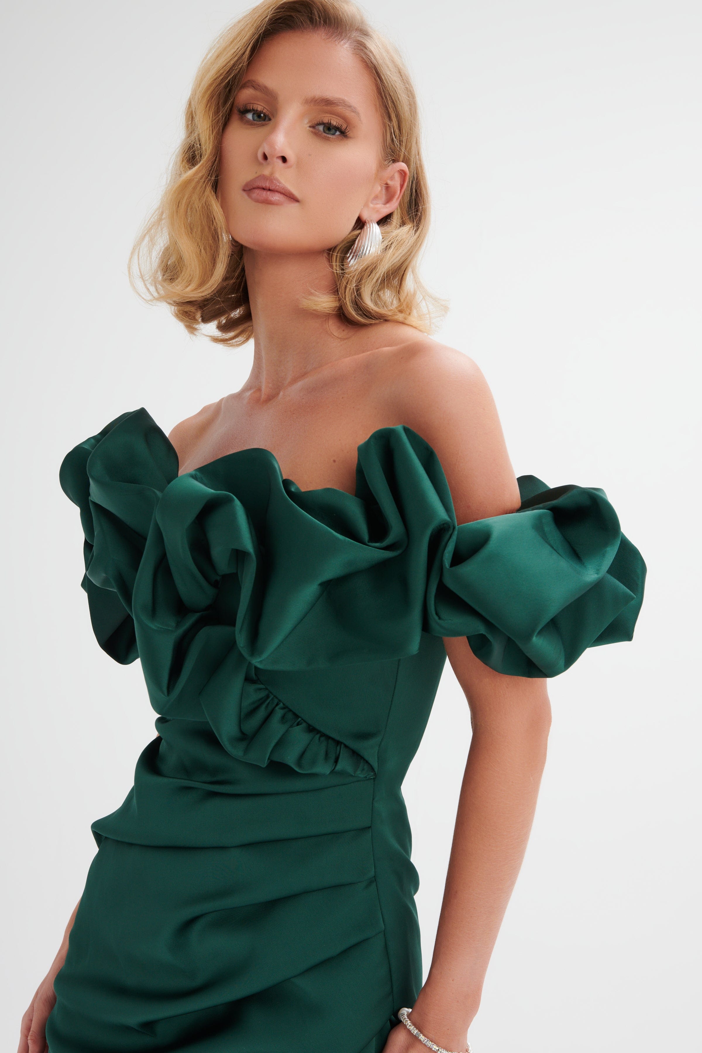 CARRIE Bonded Satin Bardot Mini Dress in Emerald Green