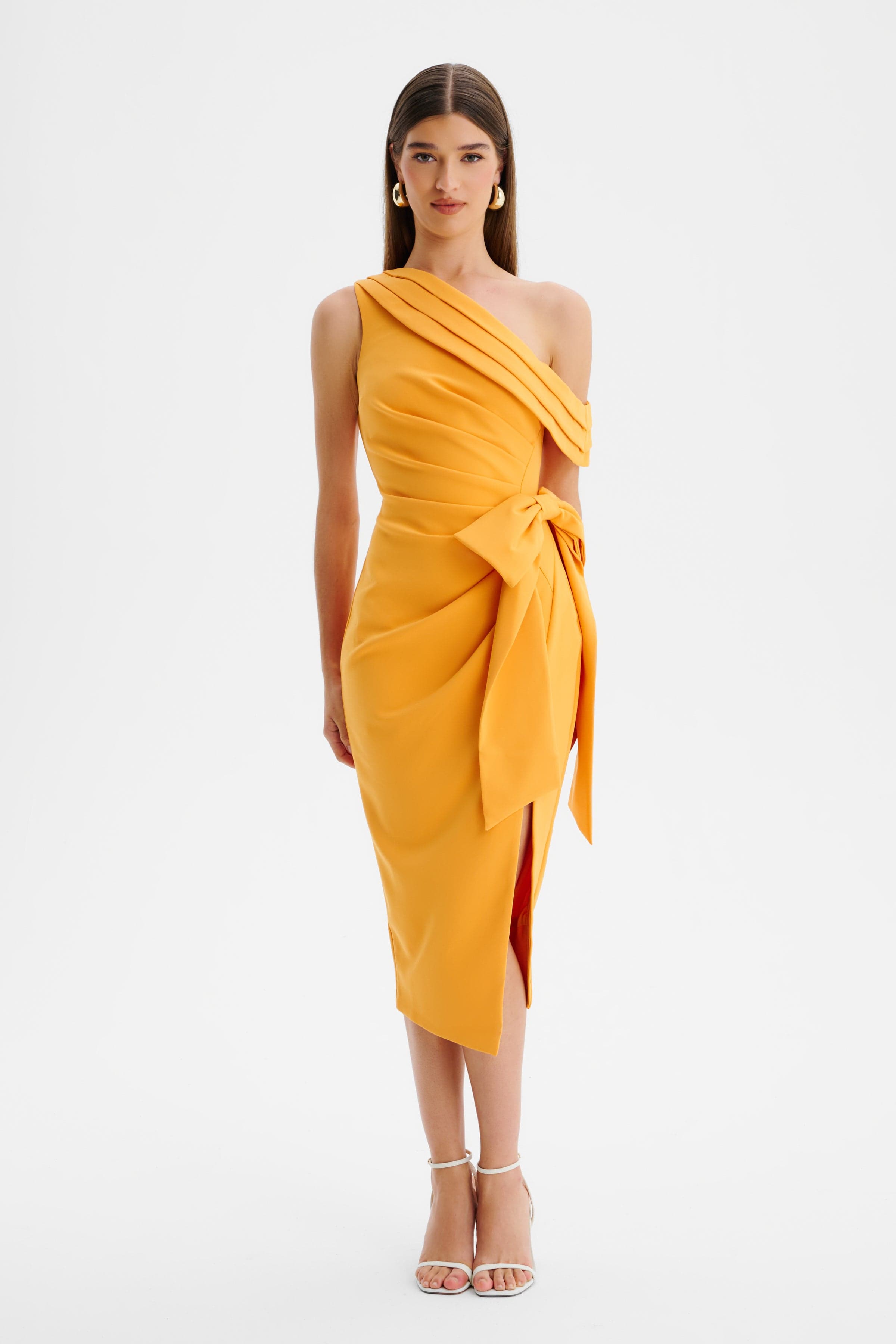HONEY One Shoulder Pleated Bow Midi Dress in Orange