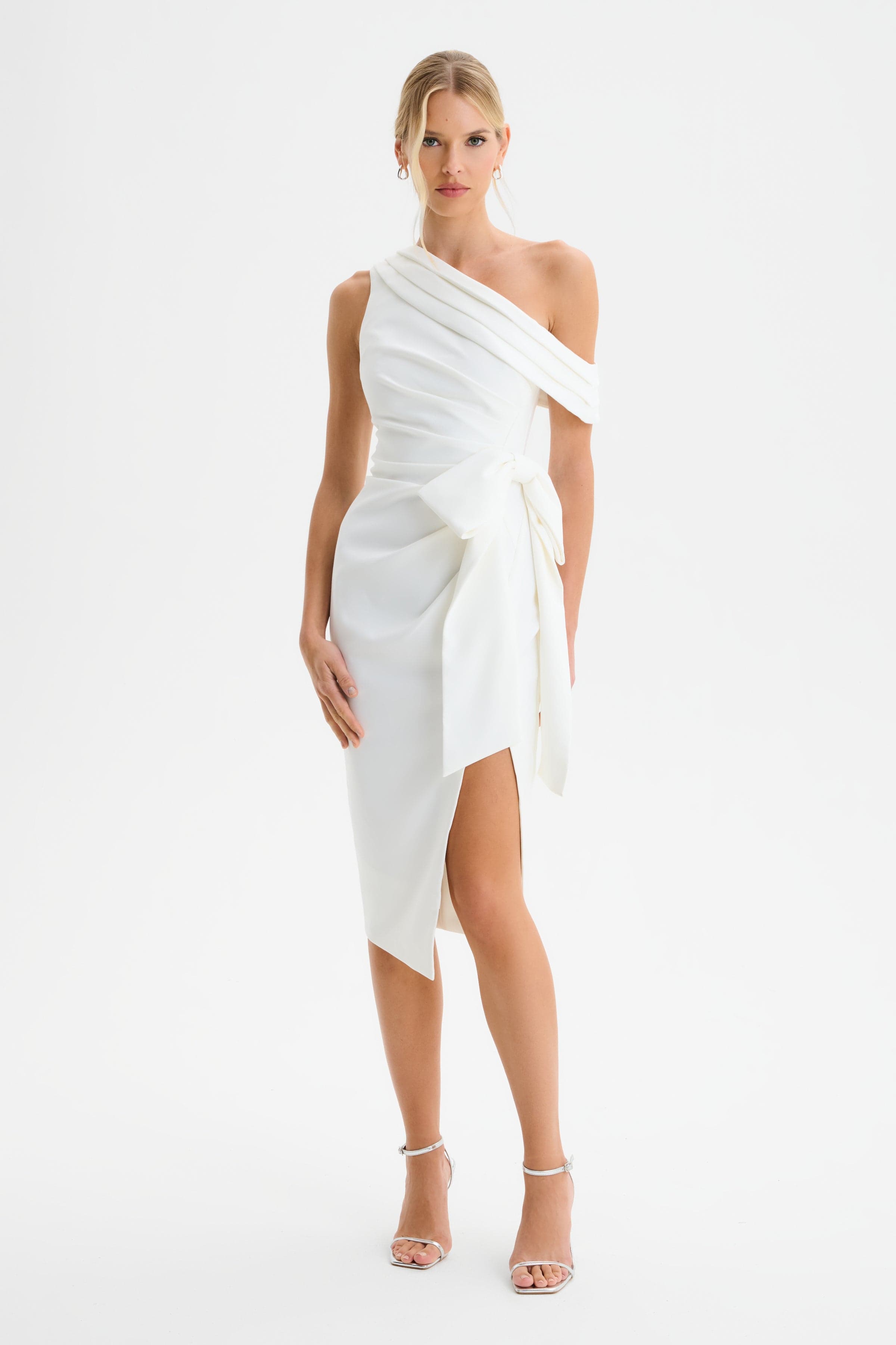 HONEY One Shoulder Pleated Bow Midi Dress in White