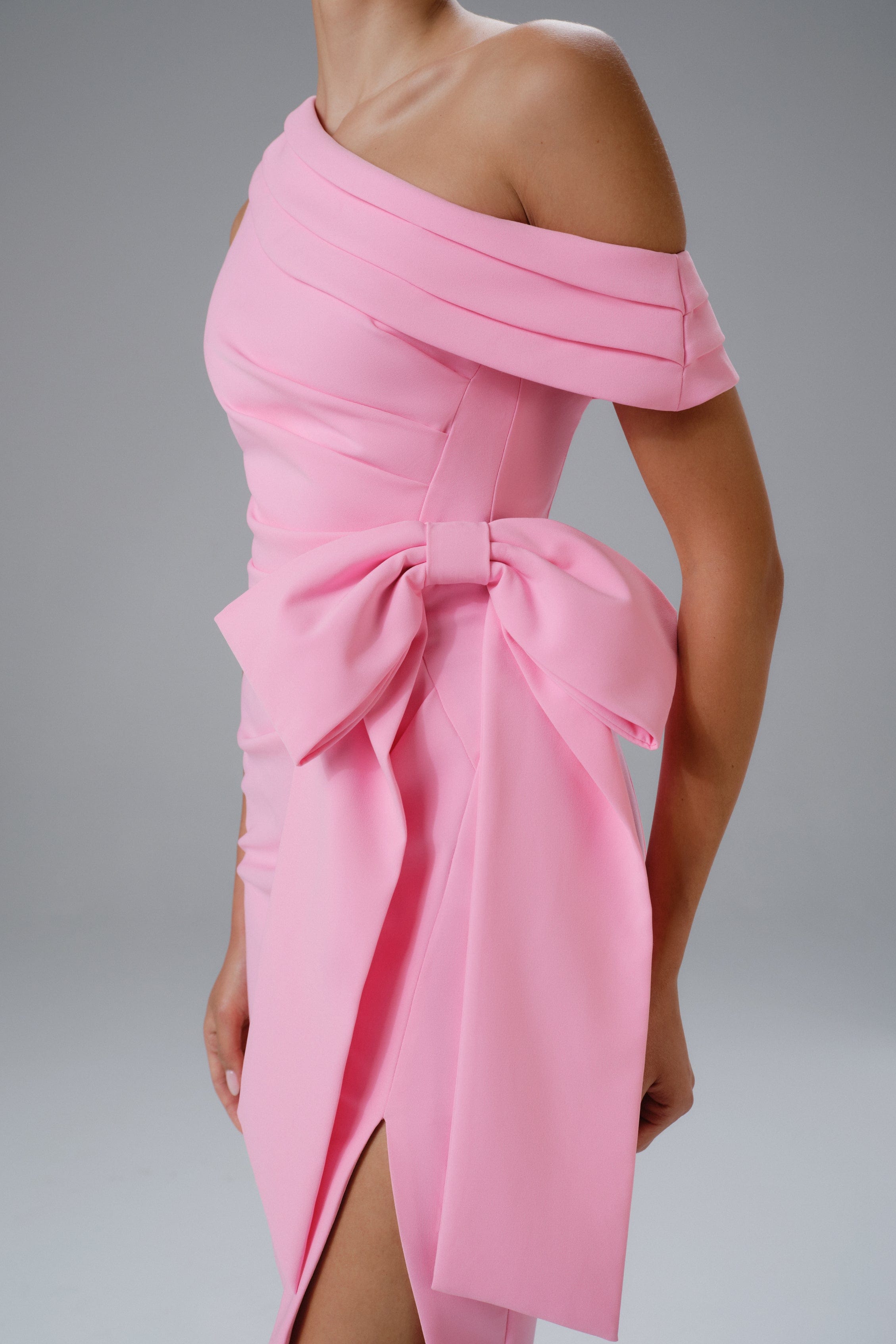 HONEY One Shoulder Pleated Bow Midi Dress in Pink