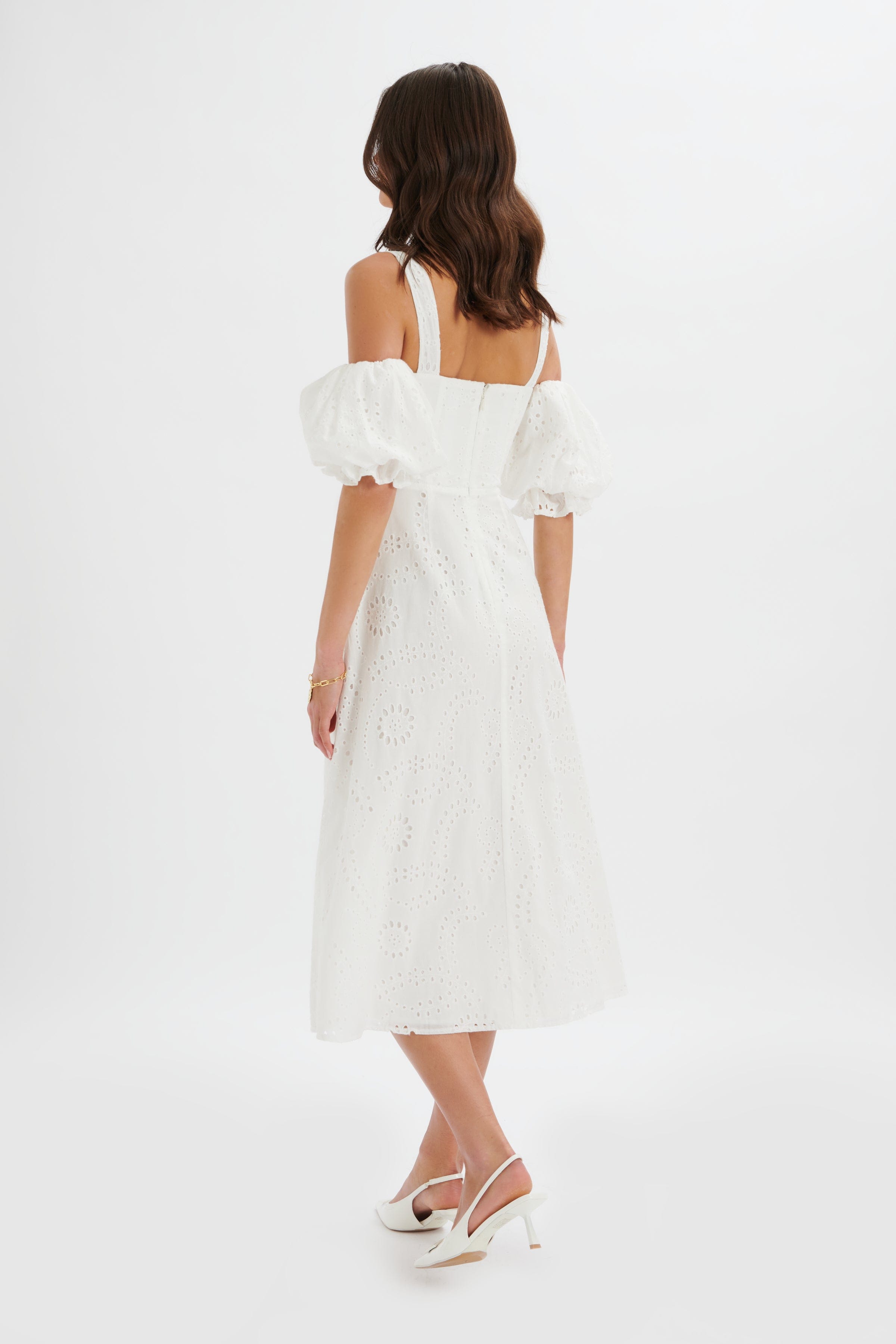 CHARLI Off Shoulder Broderie Midi Dress in White