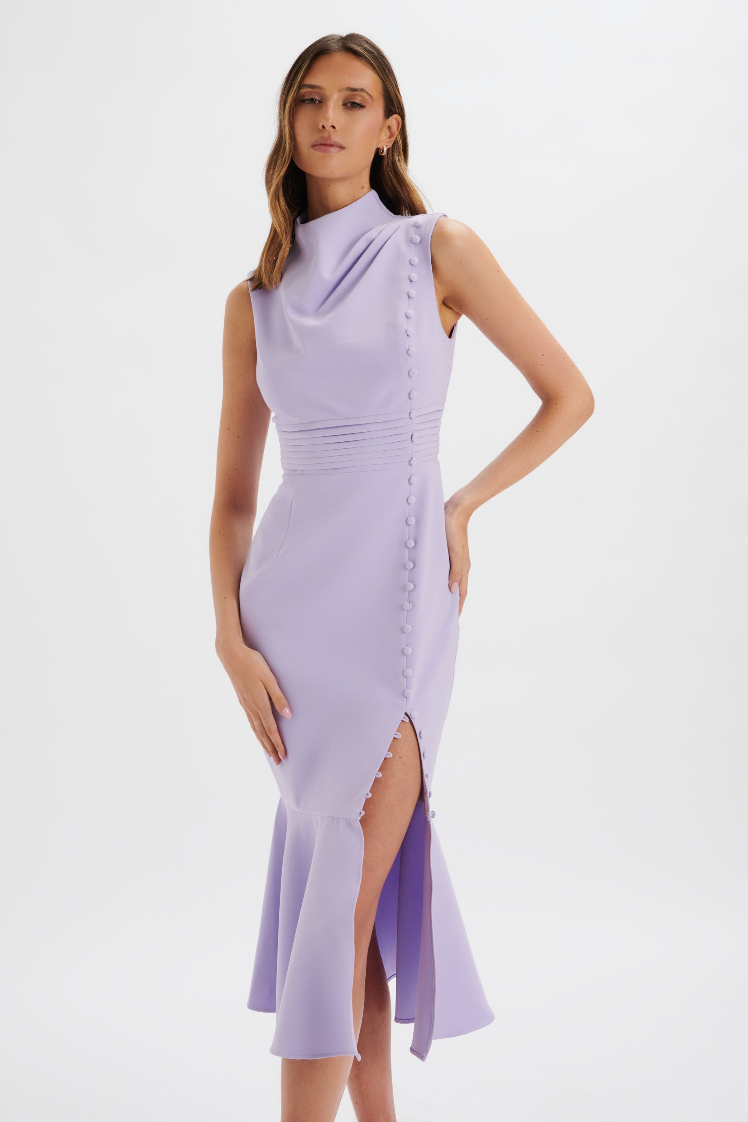 SAFFRON High Neck Micro Button Midi Dress in Lilac