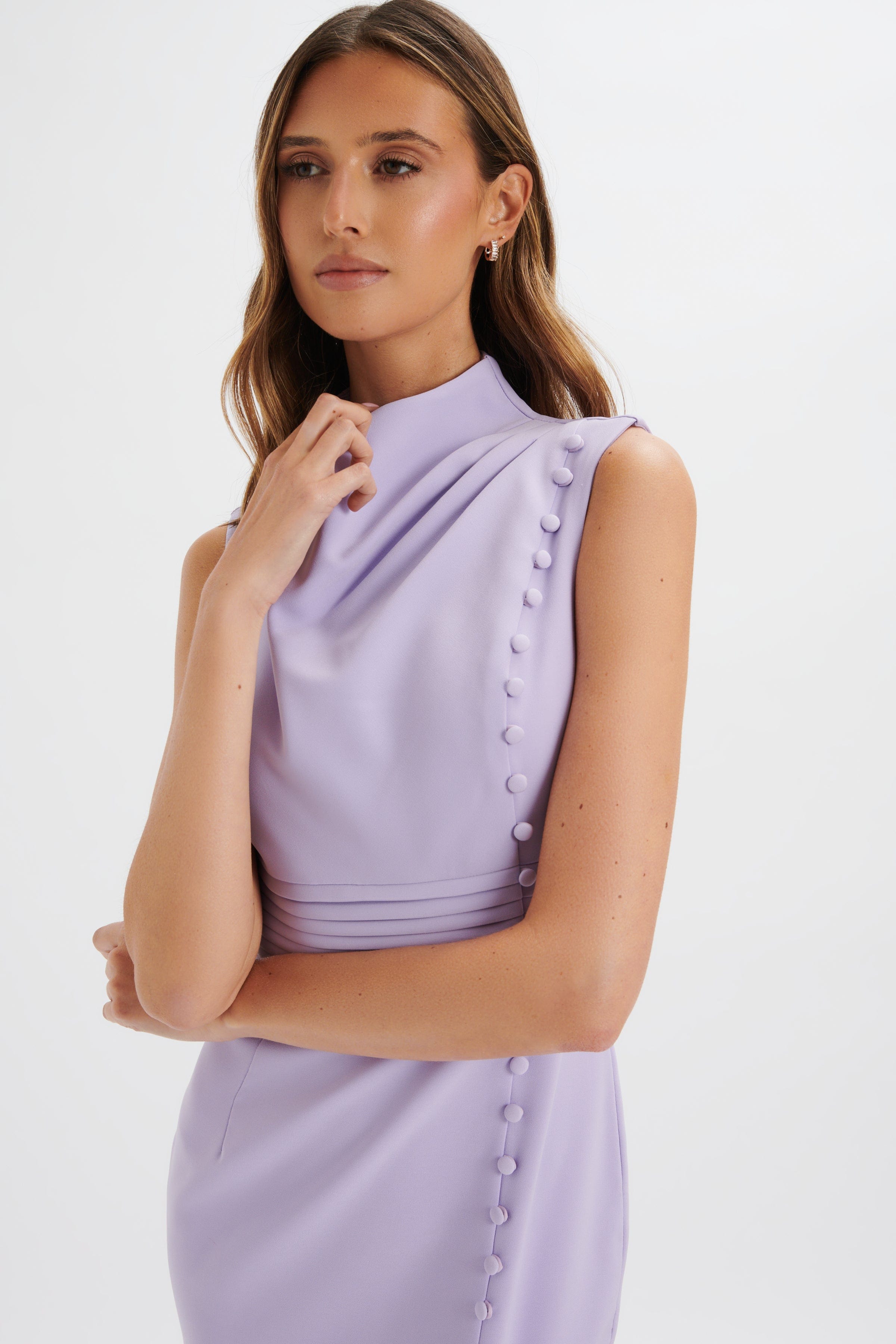 SAFFRON High Neck Micro Button Midi Dress in Lilac