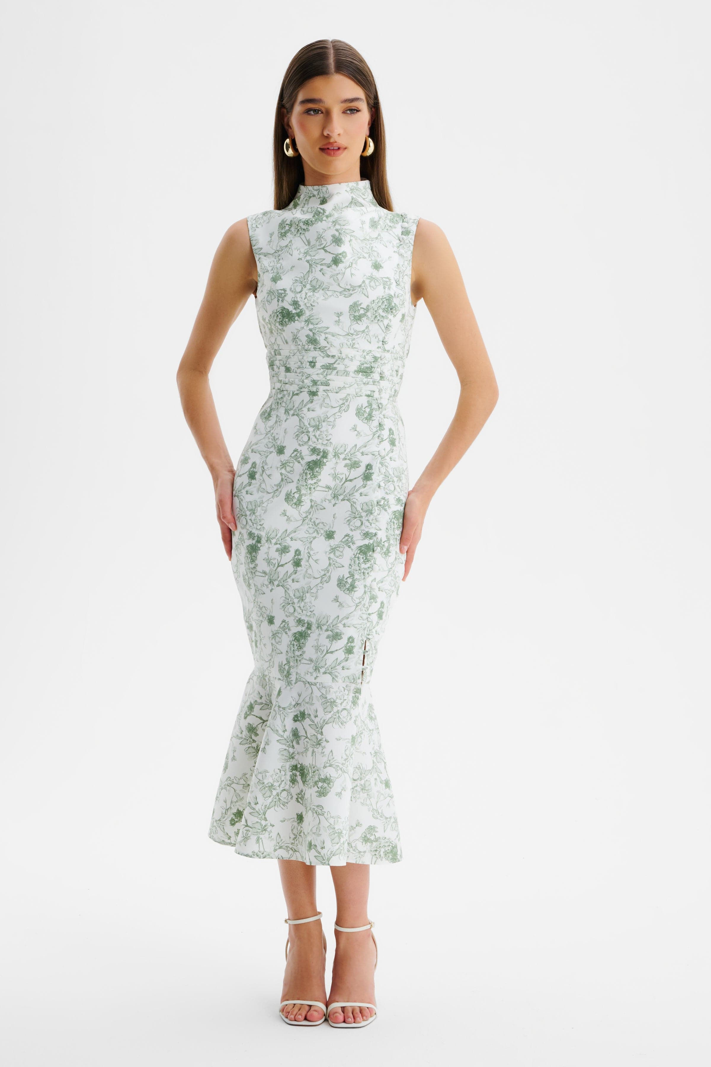 SAFFRON High Neck Crepe Midi Dress in Sage Porcelain Print