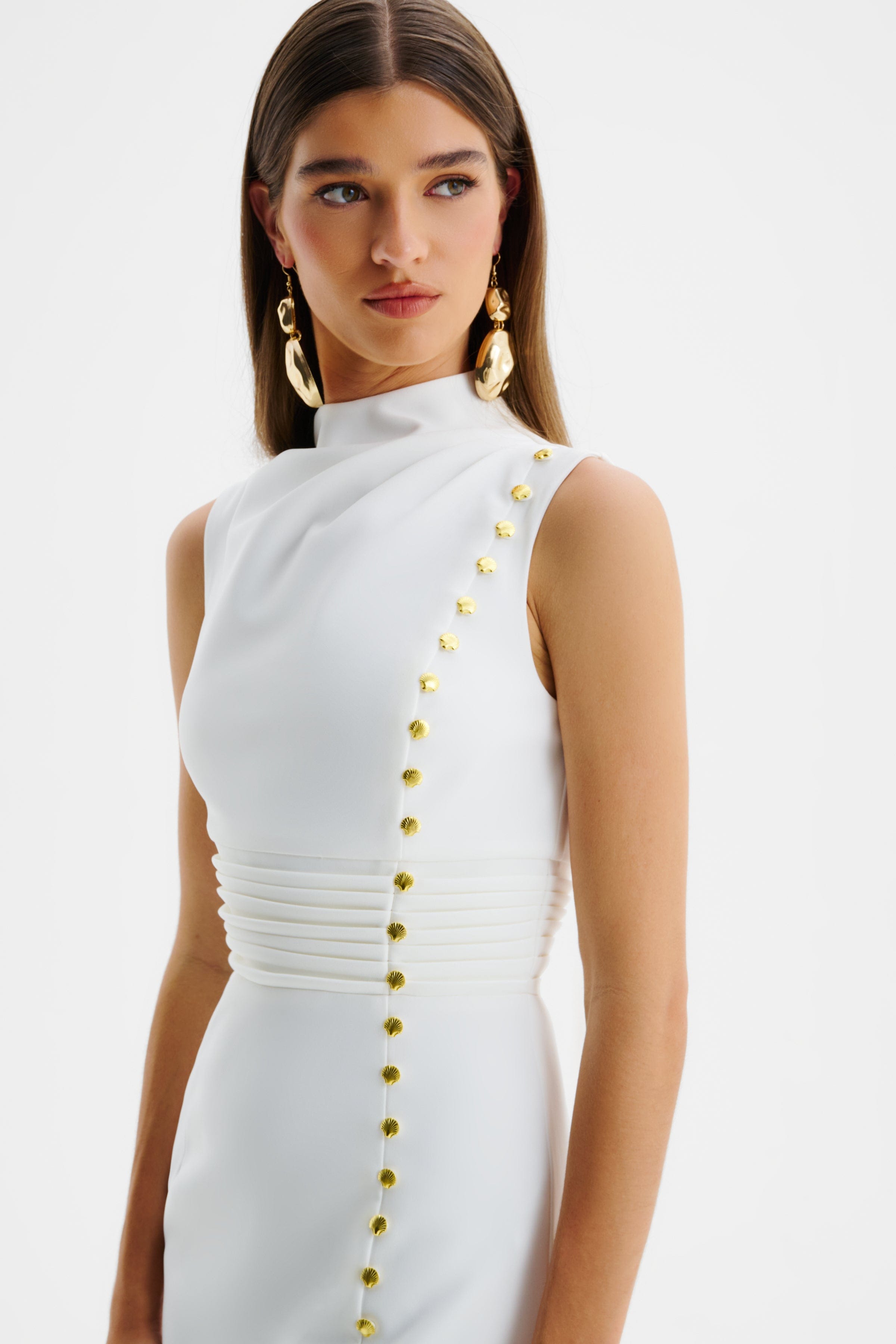 SAFFRON High Neck Micro Shell Button Midi Dress in White