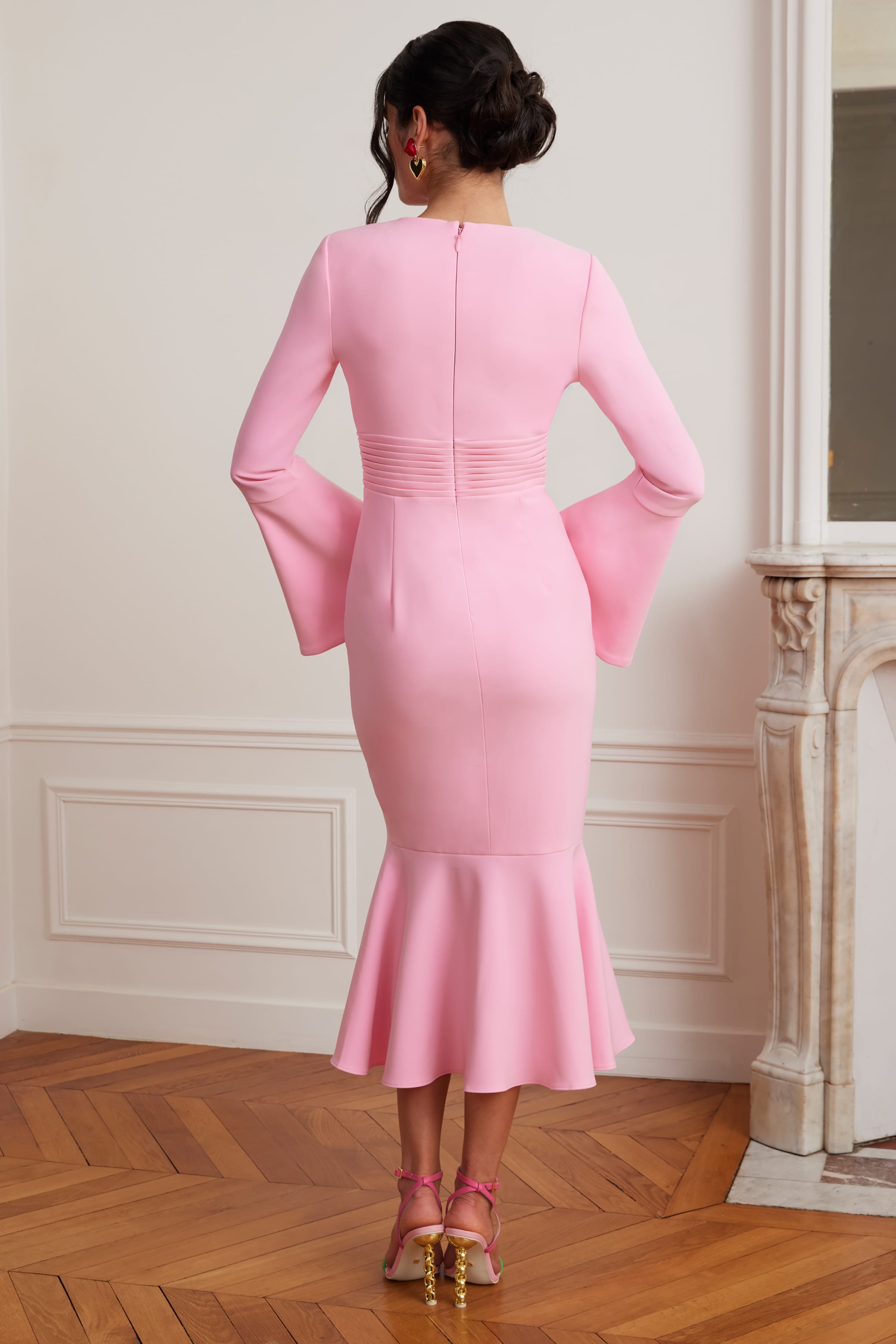 SALMA Fluted Sleeve Micro Rose Button Midi Dress in Pink