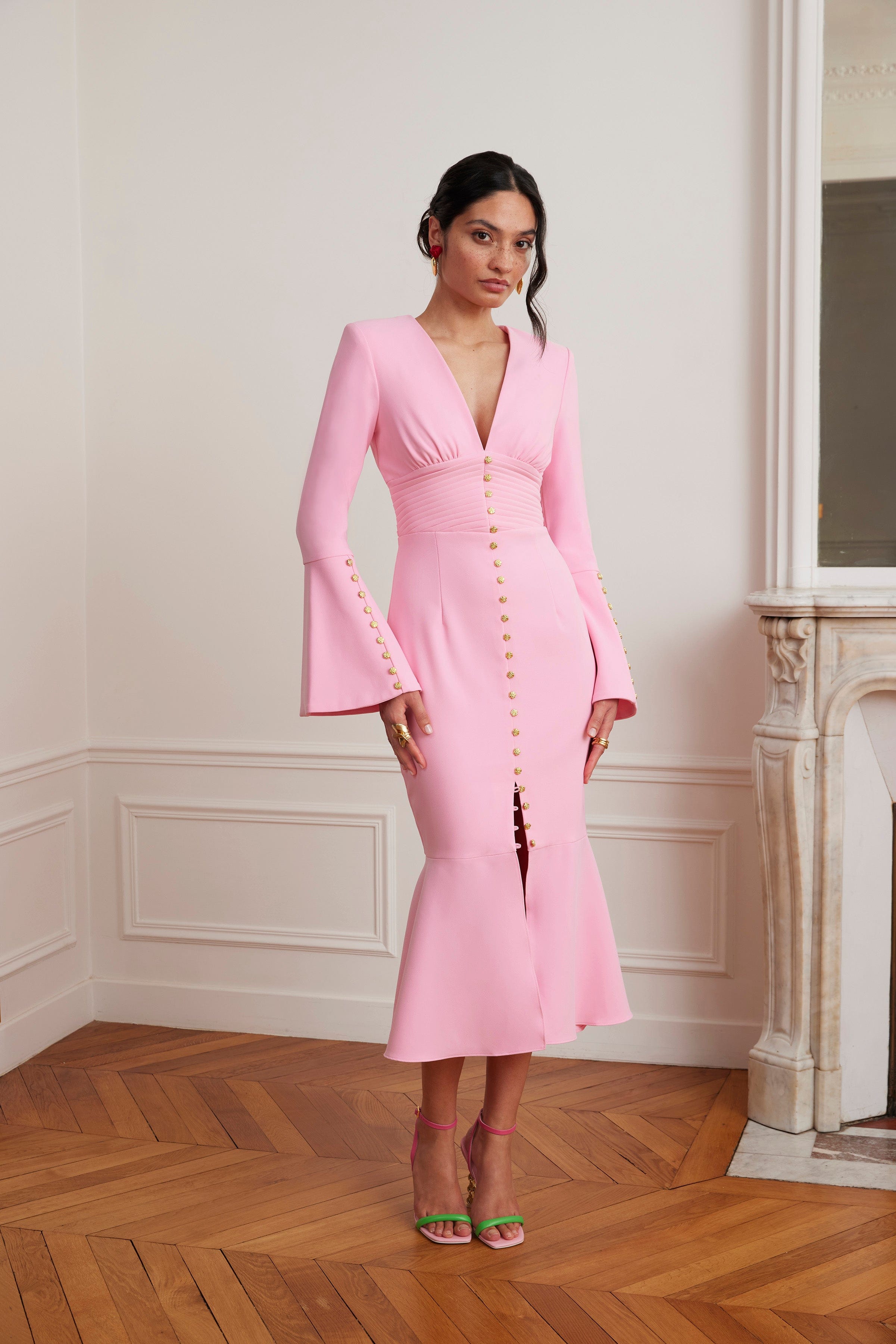 SALMA Fluted Sleeve Micro Rose Button Midi Dress in Pink