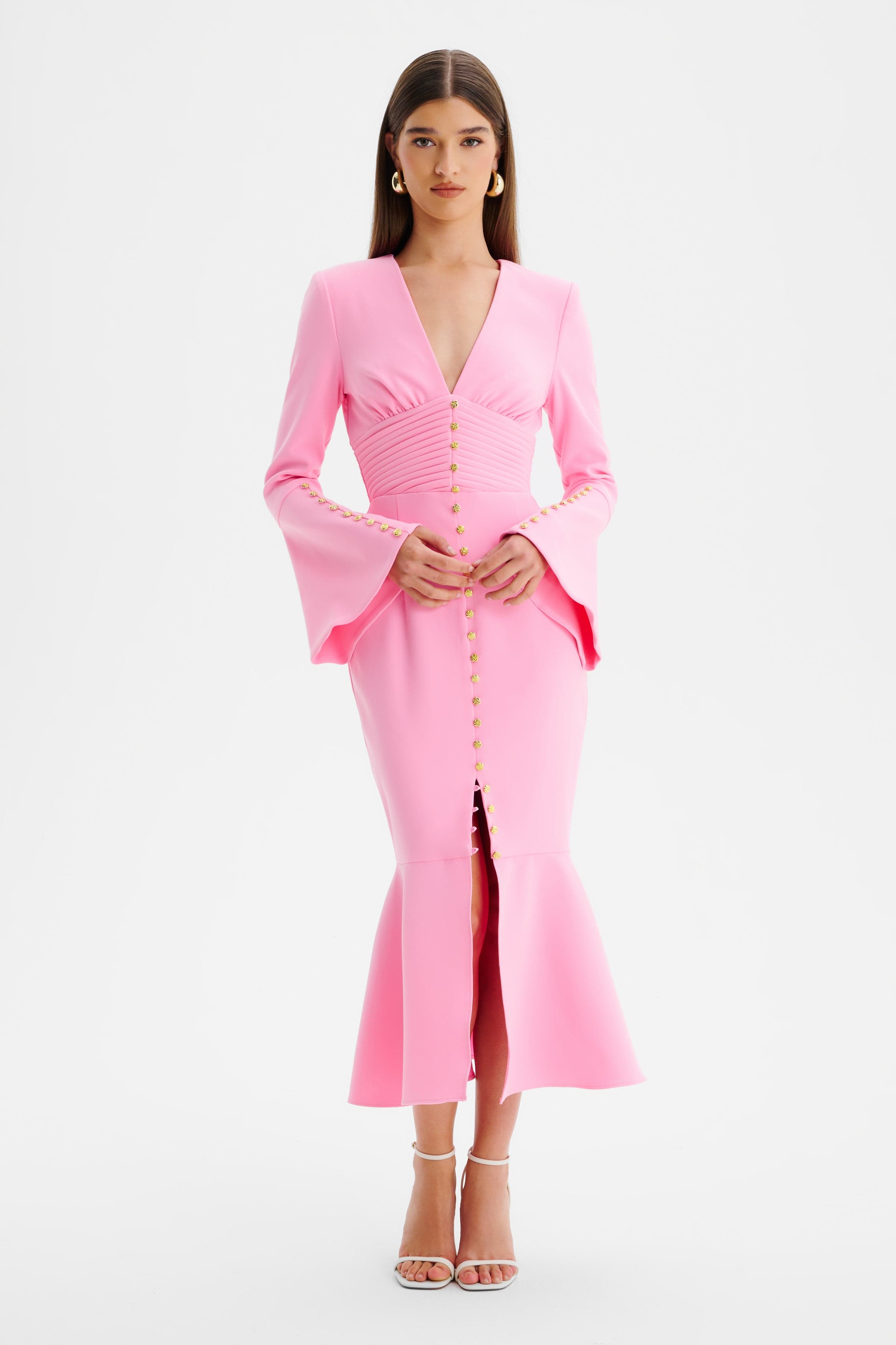 SALMA Fluted Sleeve Micro Rose Button Midi Dress in Pink