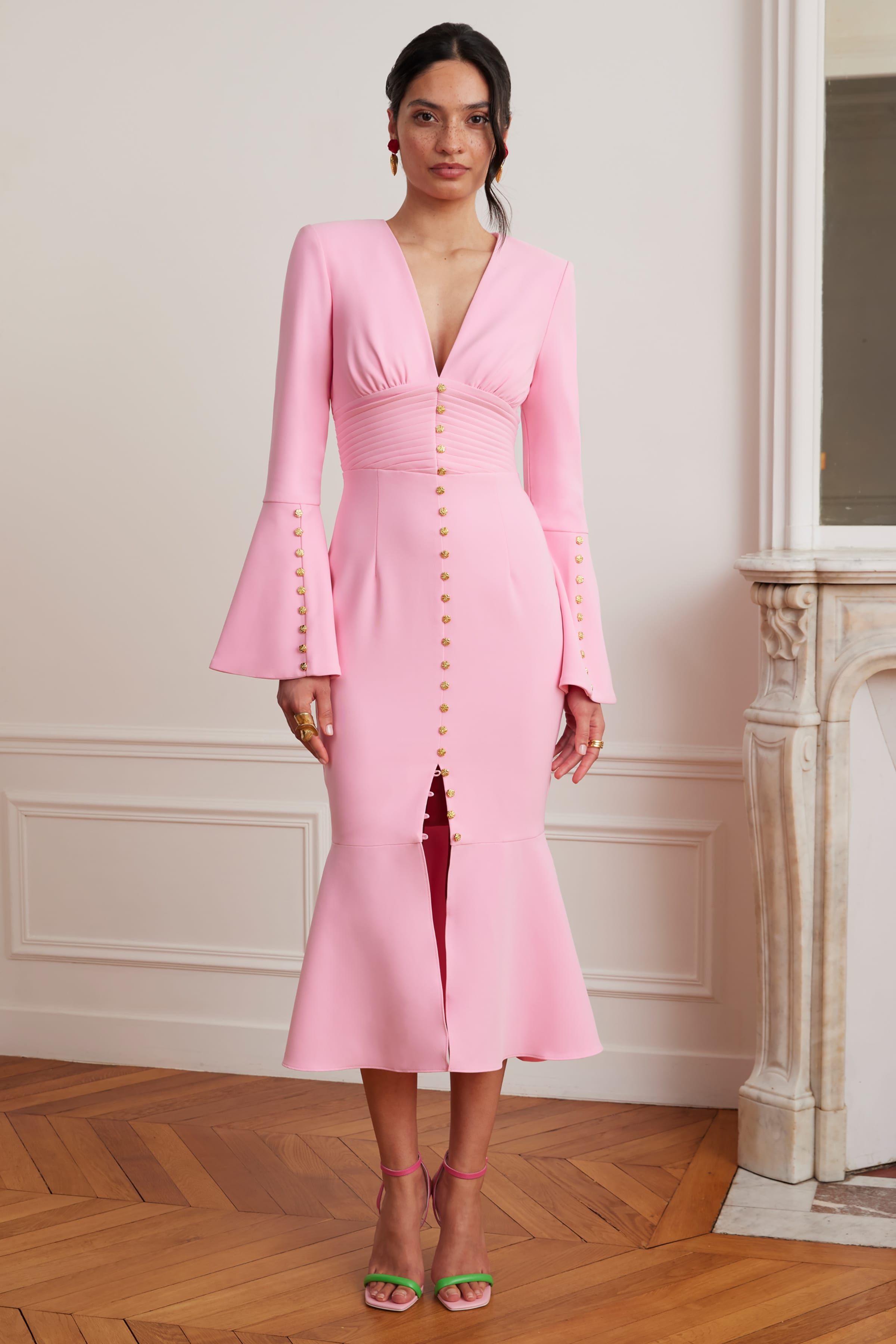 SALMA Fluted Sleeve Micro Rose Button Midi Dress in Pink