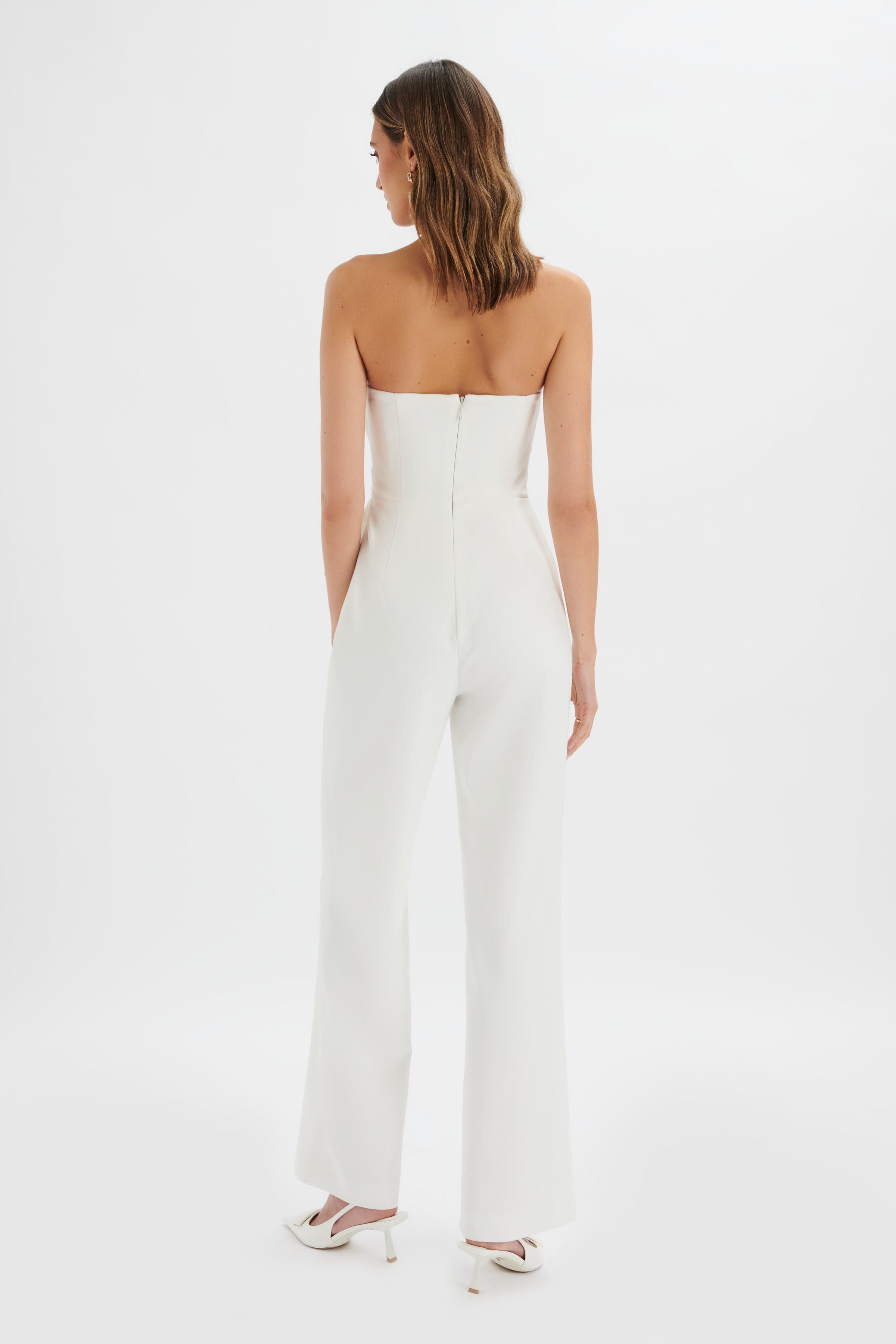 ELARA Asymmetric Pleated Frill Straight Leg Jumpsuit in White