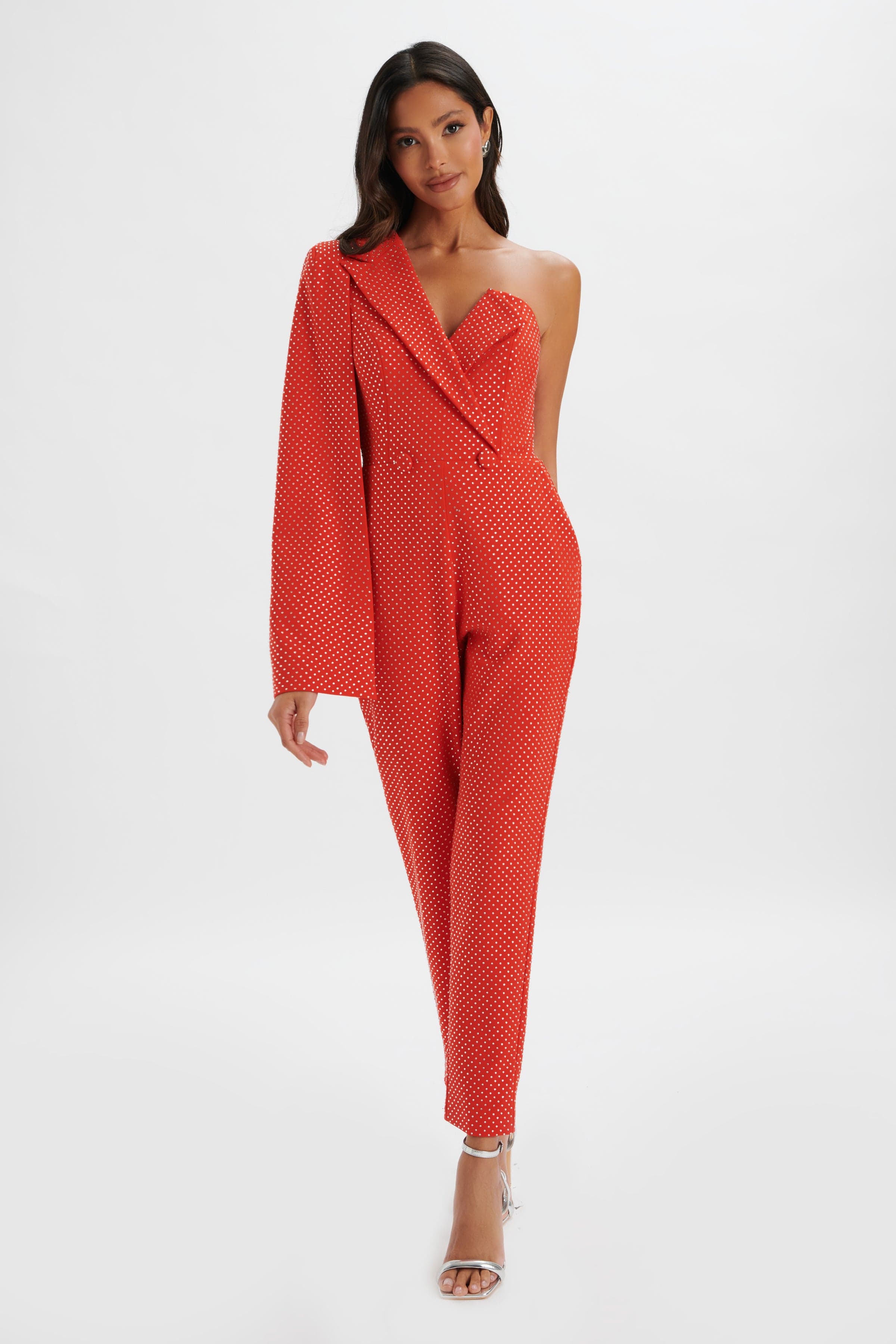 MISCHA Crystal Embellished One Shoulder Cape Jumpsuit in Red