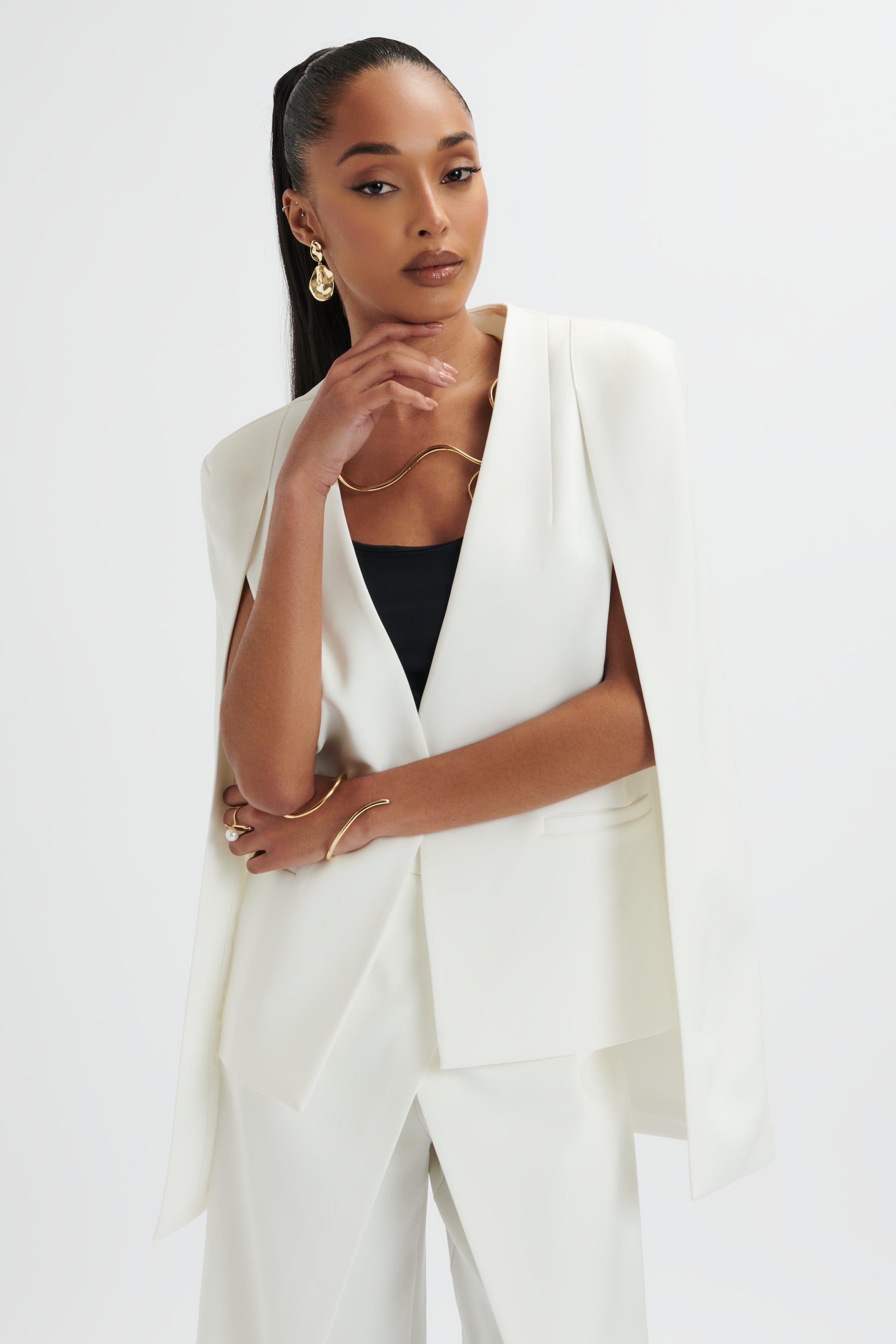 ZENDAYA Classic Cape Blazer Jacket In White