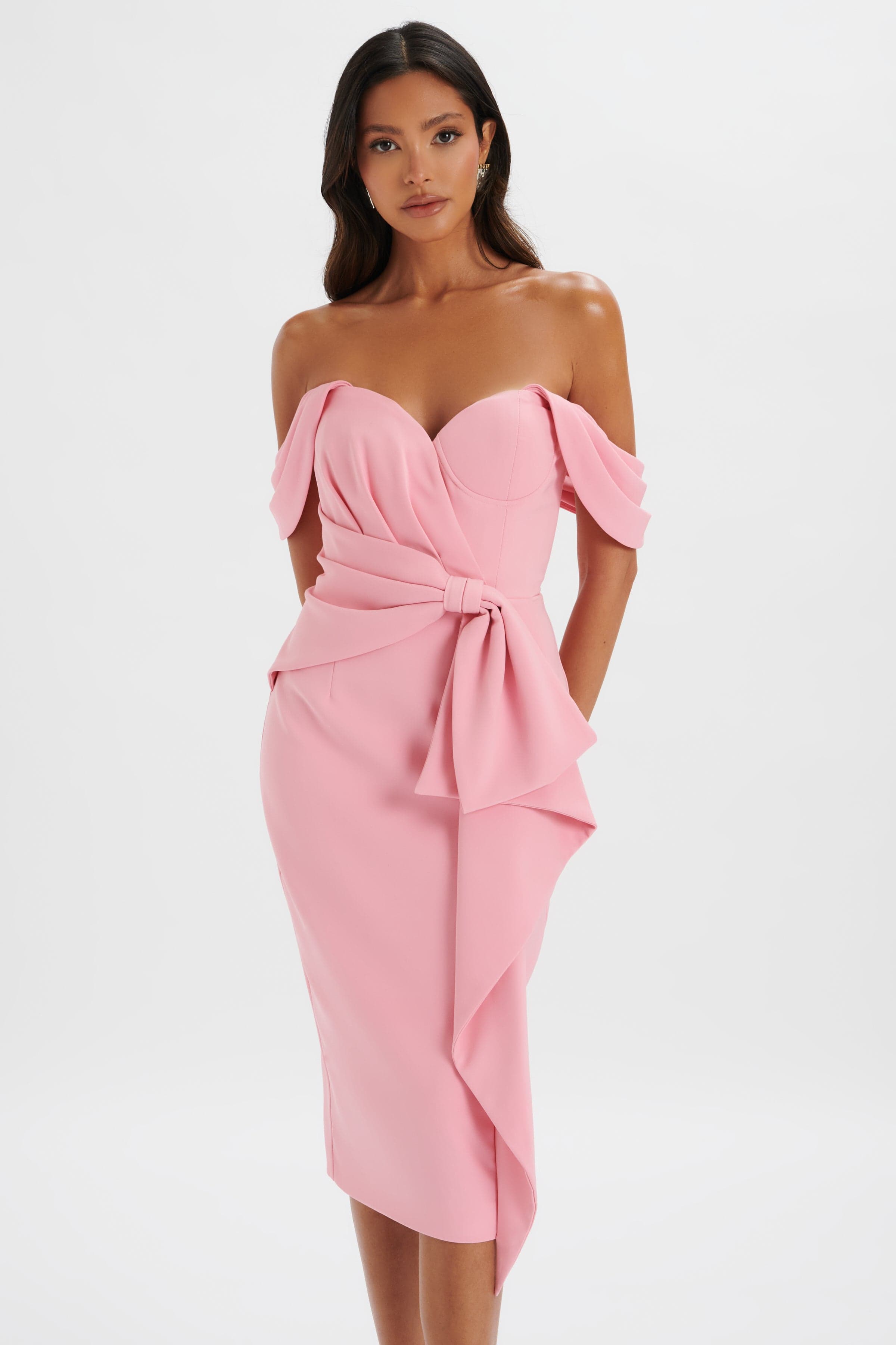 LORI Off Shoulder Bow Detail Midi Dress in Pink