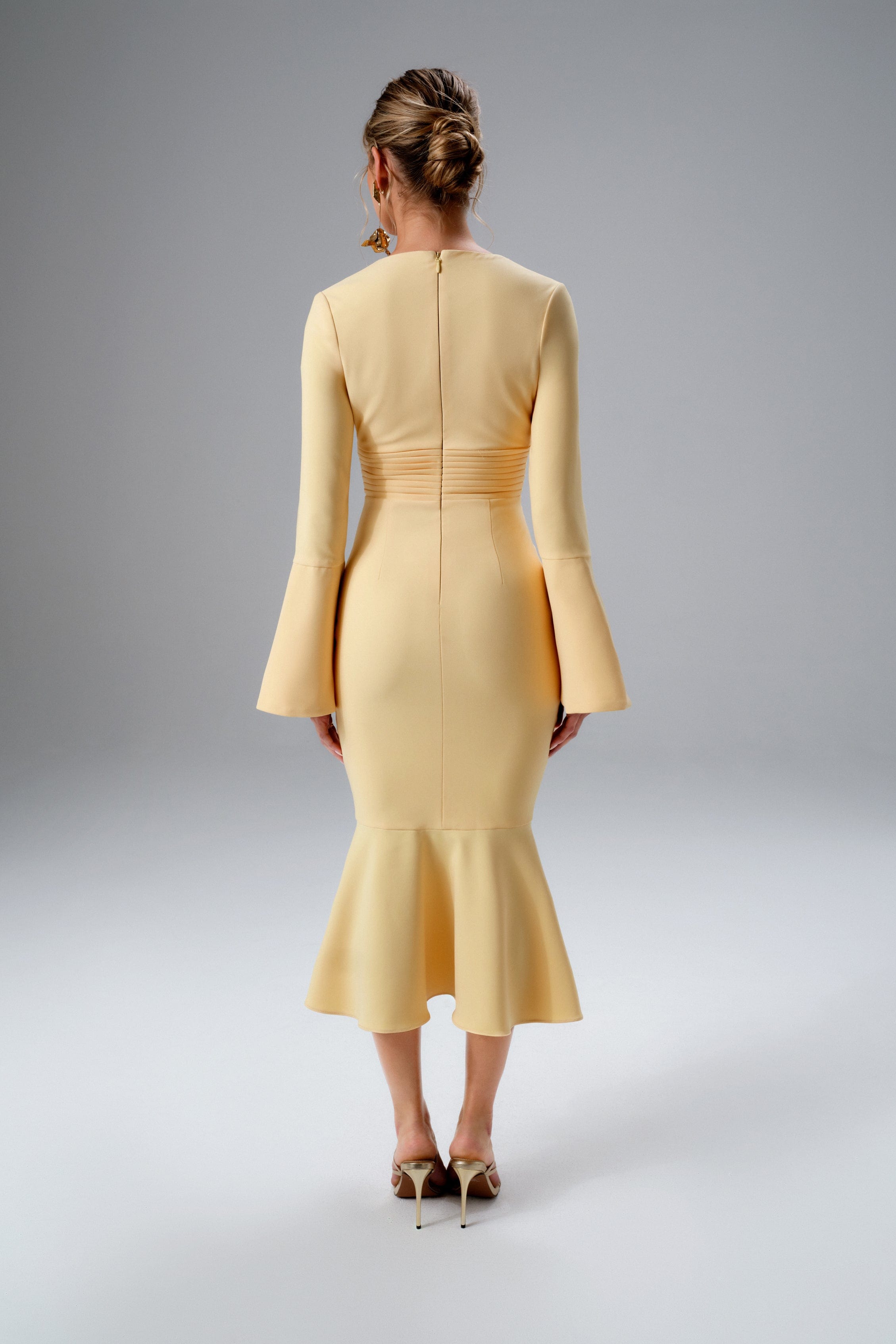 SALMA Fluted Sleeve Longline Fishtail Midi Dress In Yellow