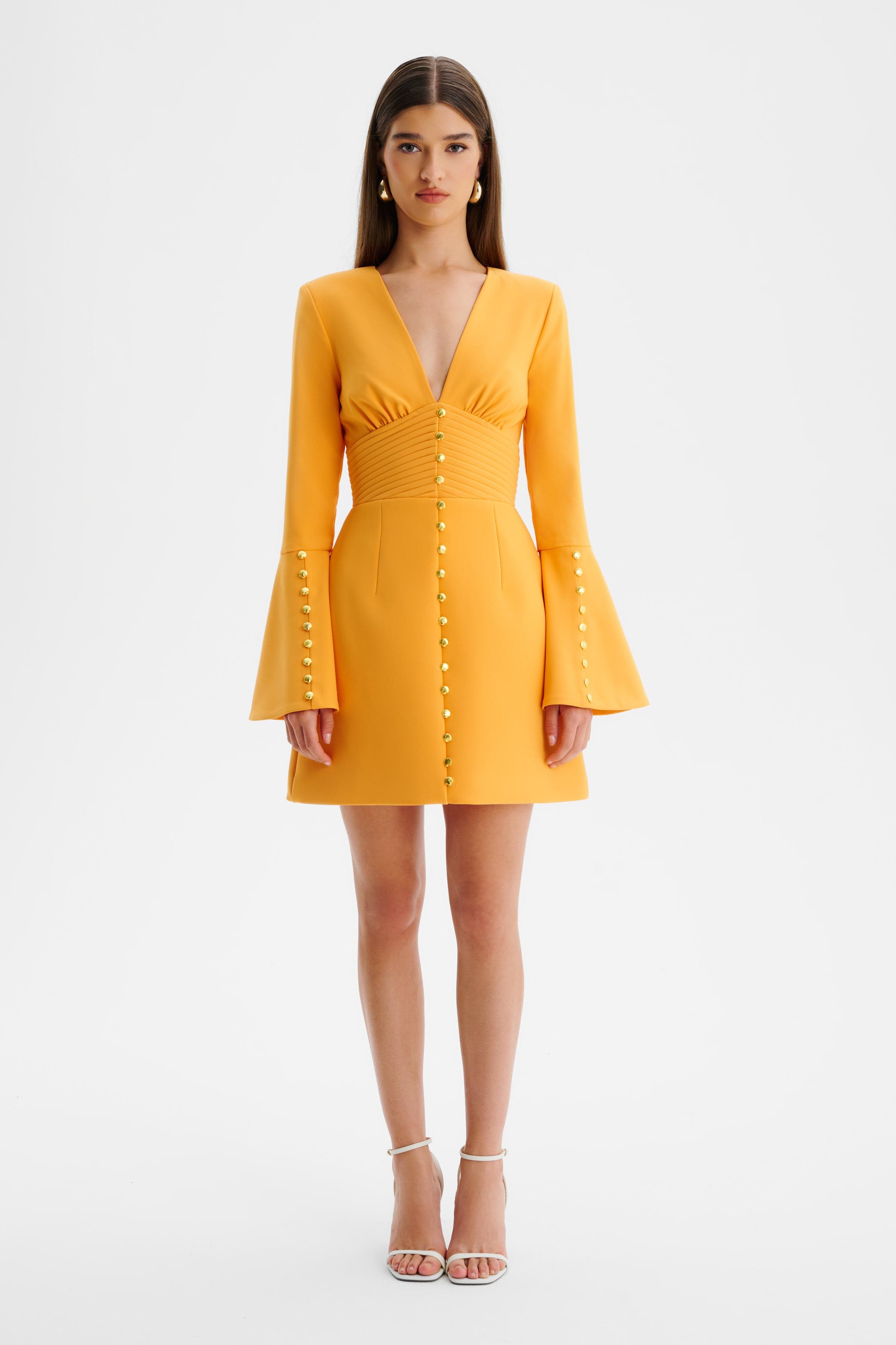 LARA Fluted Sleeve Micro Button Mini Dress in Orange