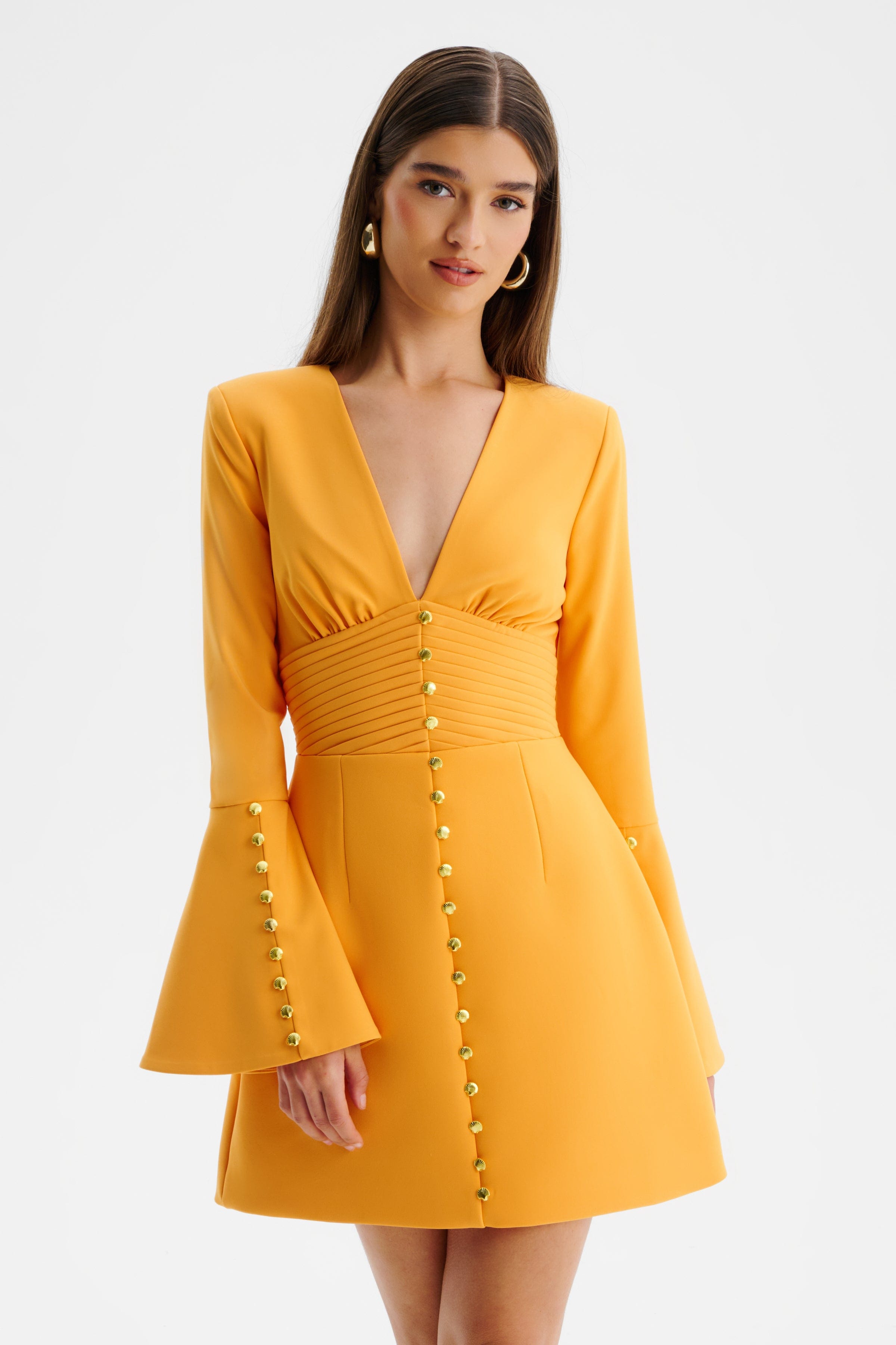 LARA Fluted Sleeve Micro Button Mini Dress in Orange