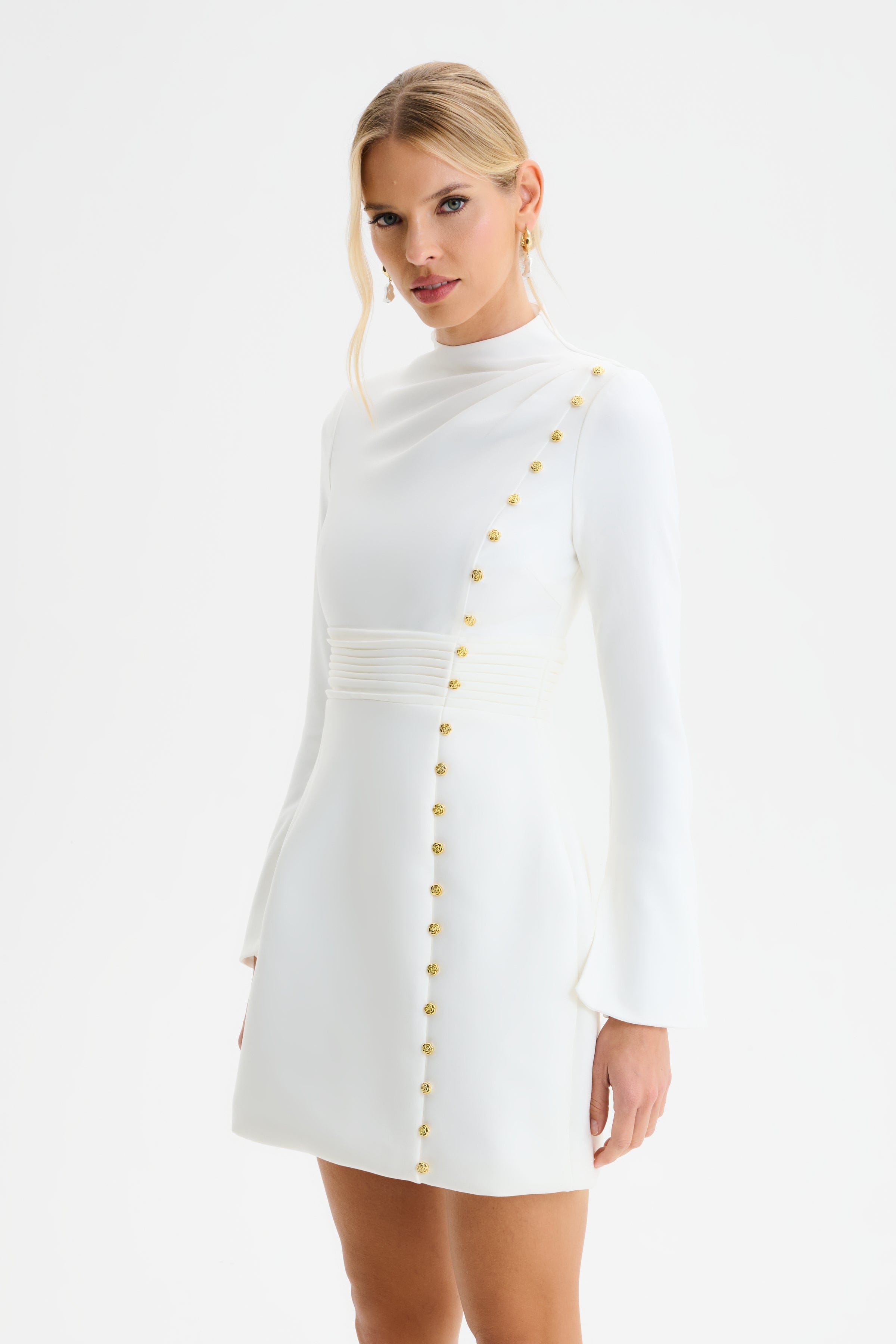 GEMMA High Neck Rose Button Long Sleeve Mini Dress in White