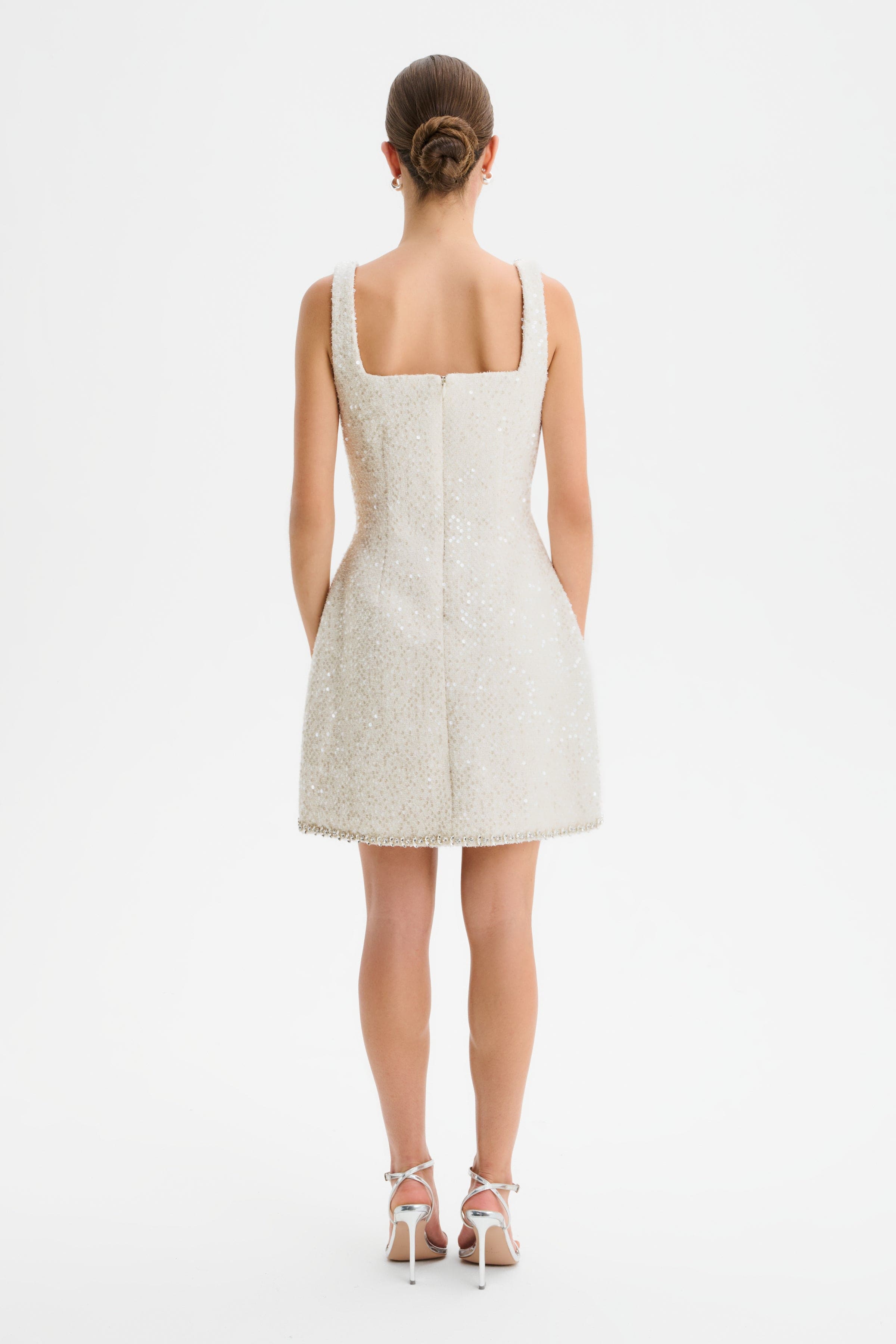 ZOEY Embellished Boucle Tulip Mini Dress in Beige