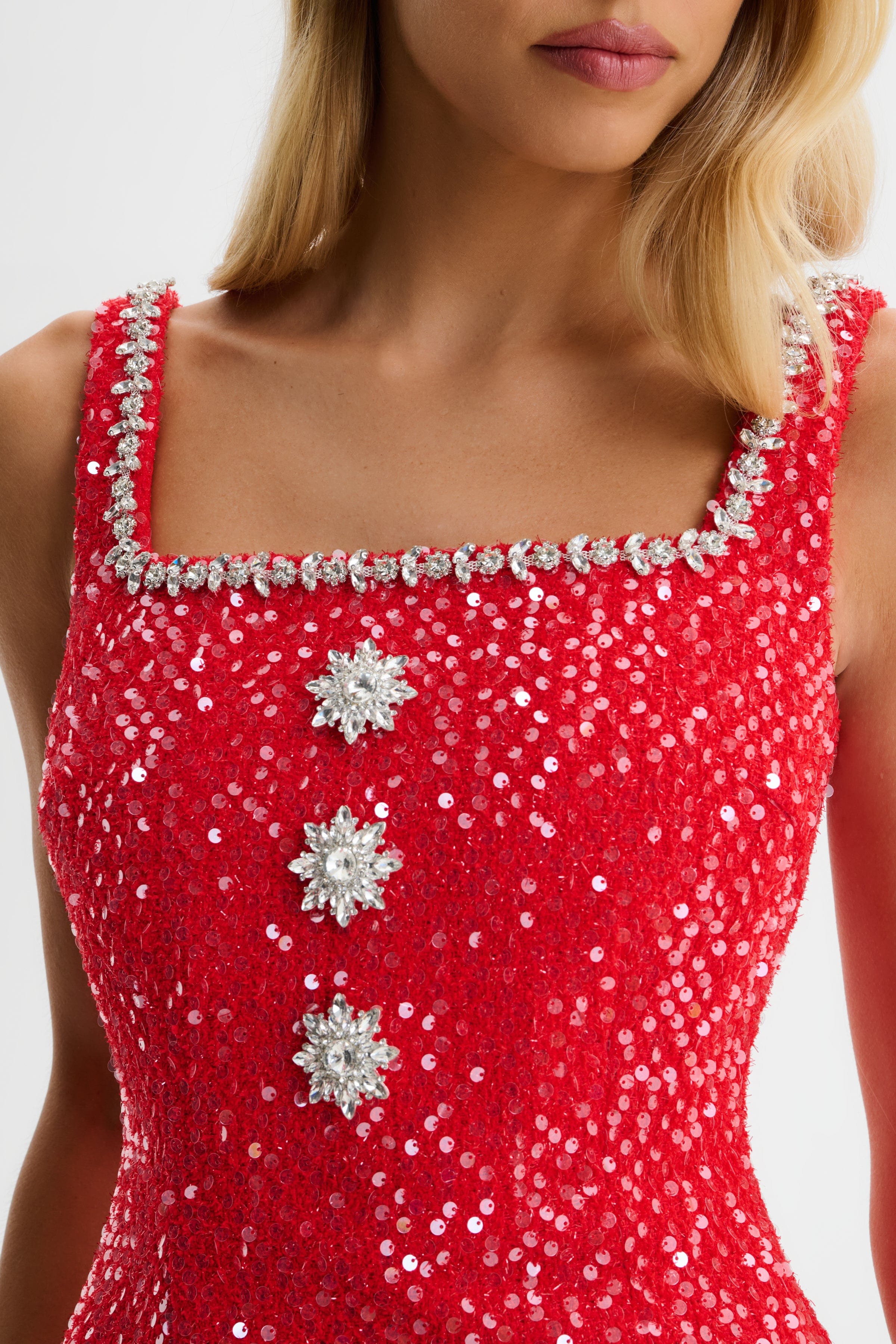 ZOEY Embellished Boucle Tulip Mini Dress in Red