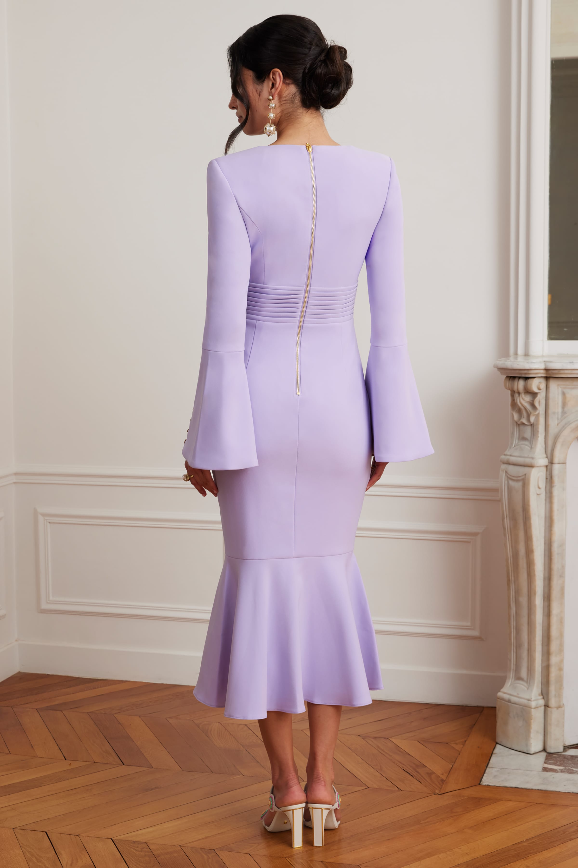 SERENA Fluted Sleeve Micro Shell Button Midi Dress in Purple