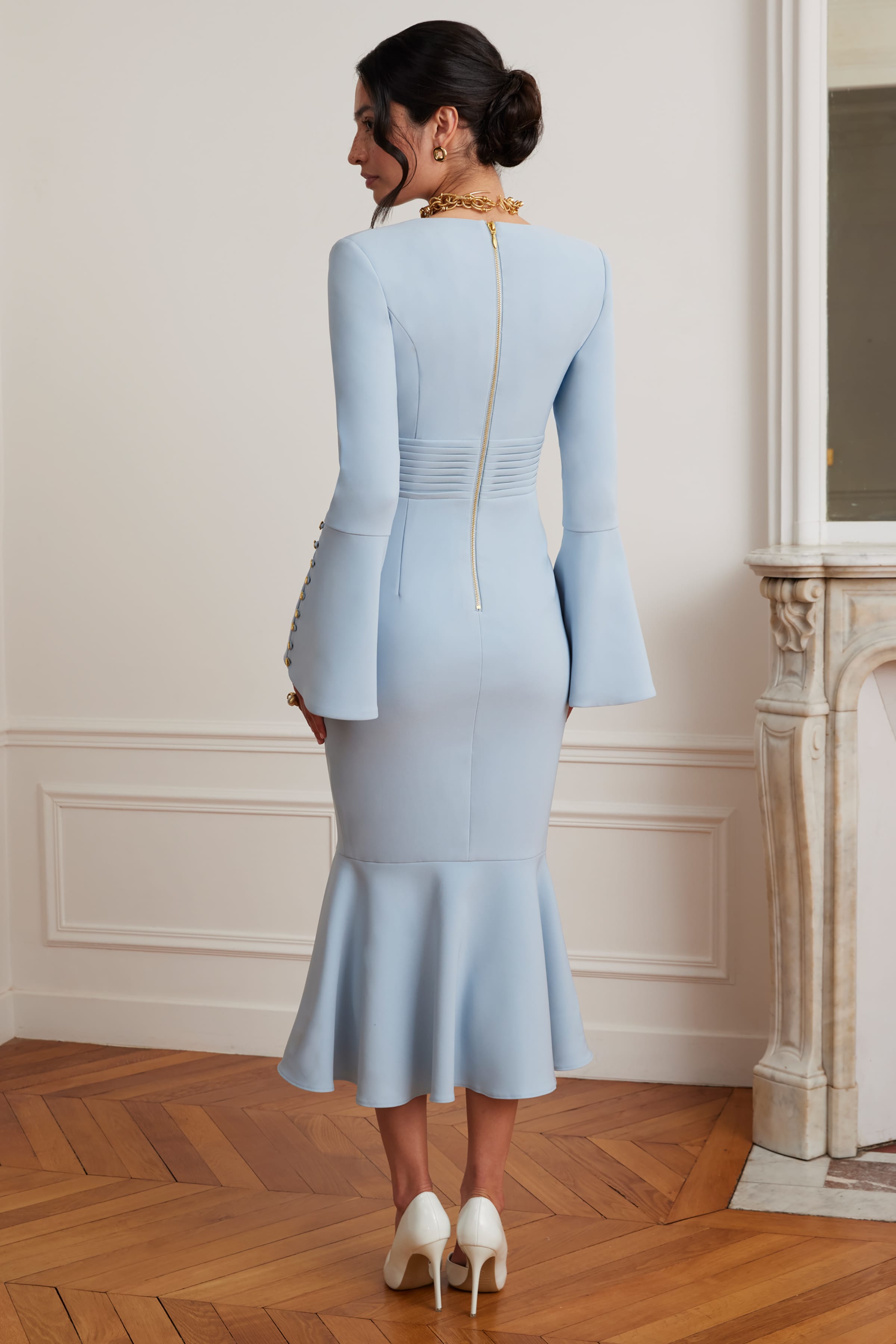 SERENA Fluted Sleeve Micro Shell Button Midi Dress in Light Blue