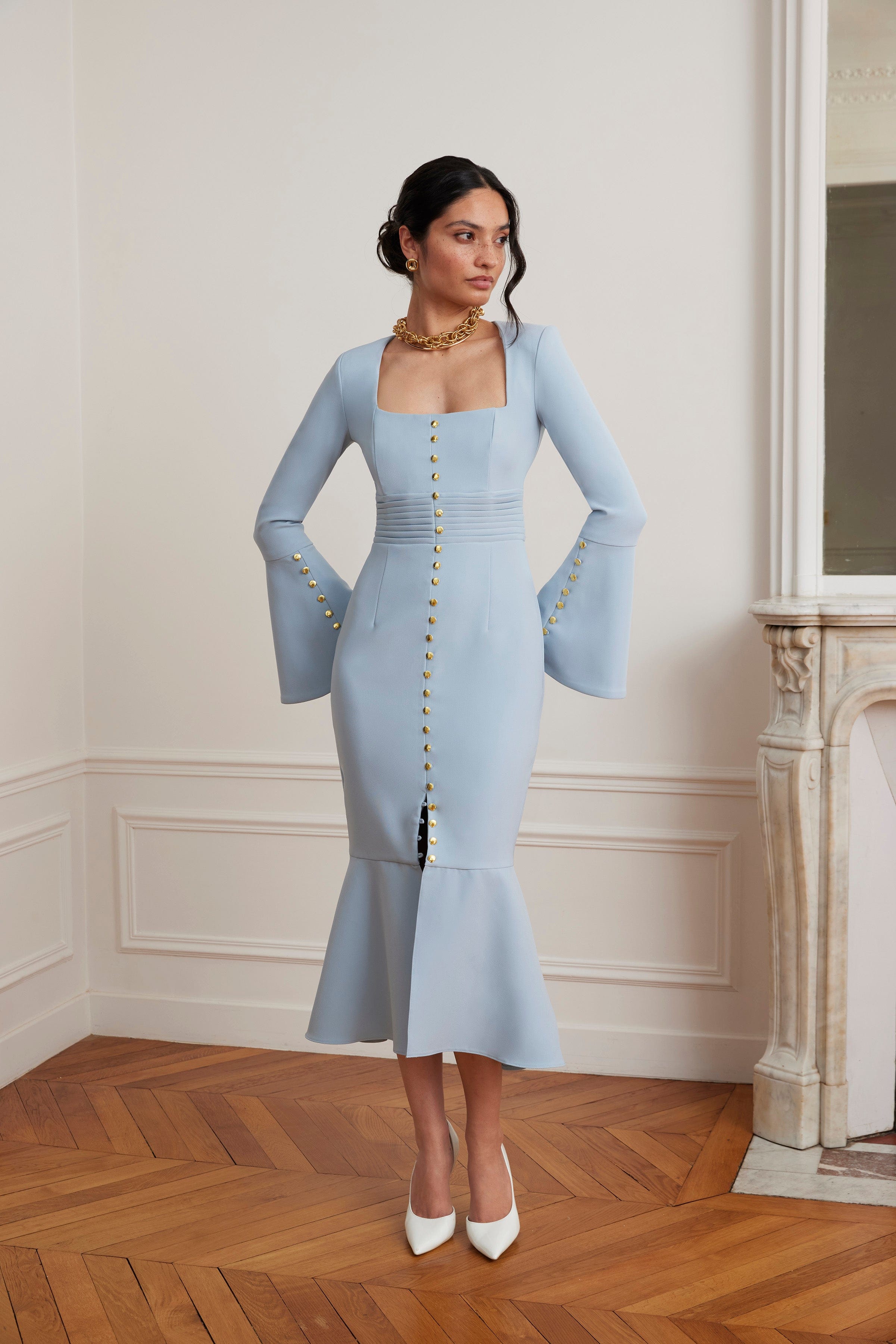SERENA Fluted Sleeve Micro Shell Button Midi Dress in Light Blue