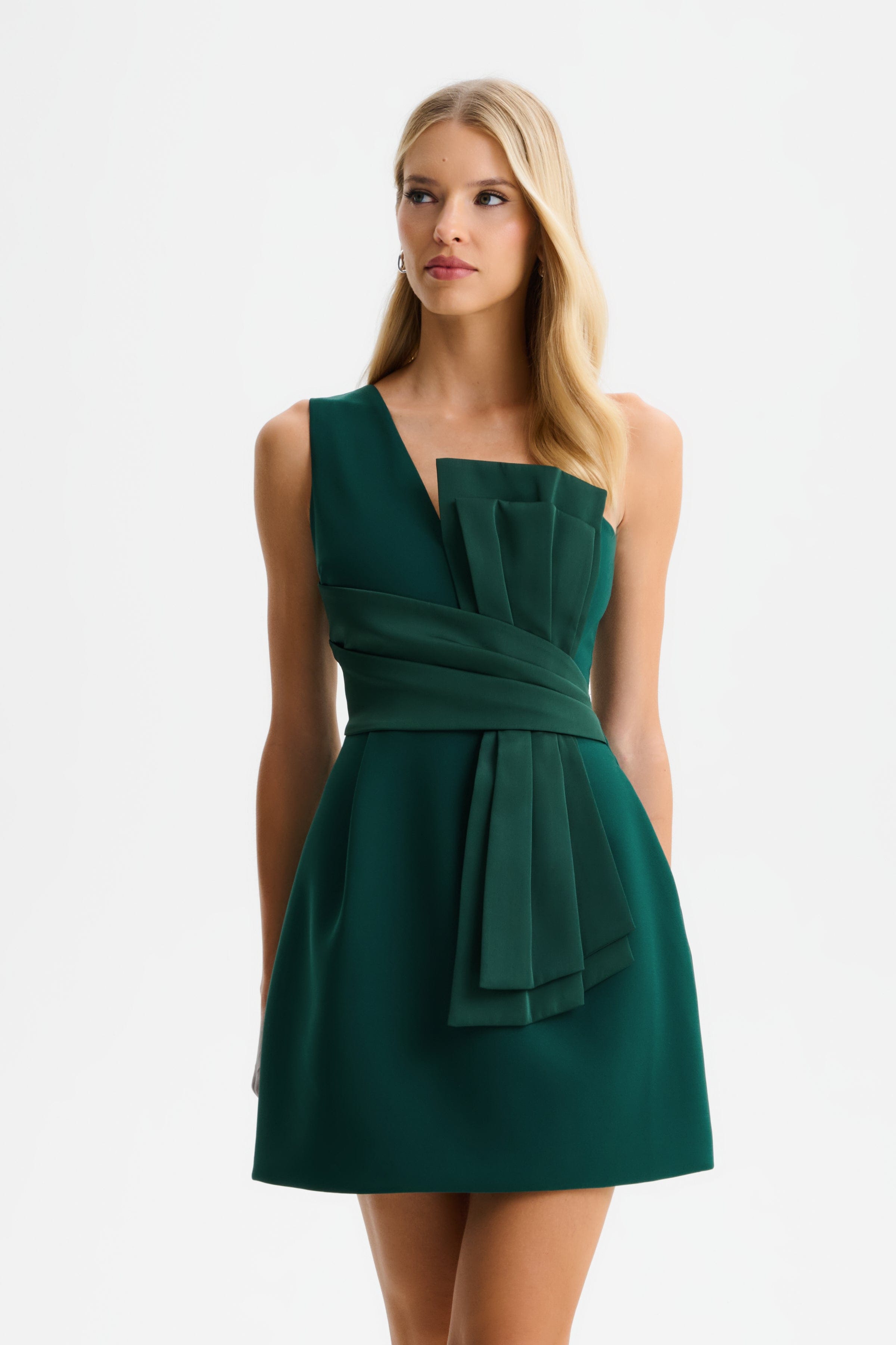 SOPHIA Asymmetric Bow Mini Dress with Tulip Skirt in Emerald Green