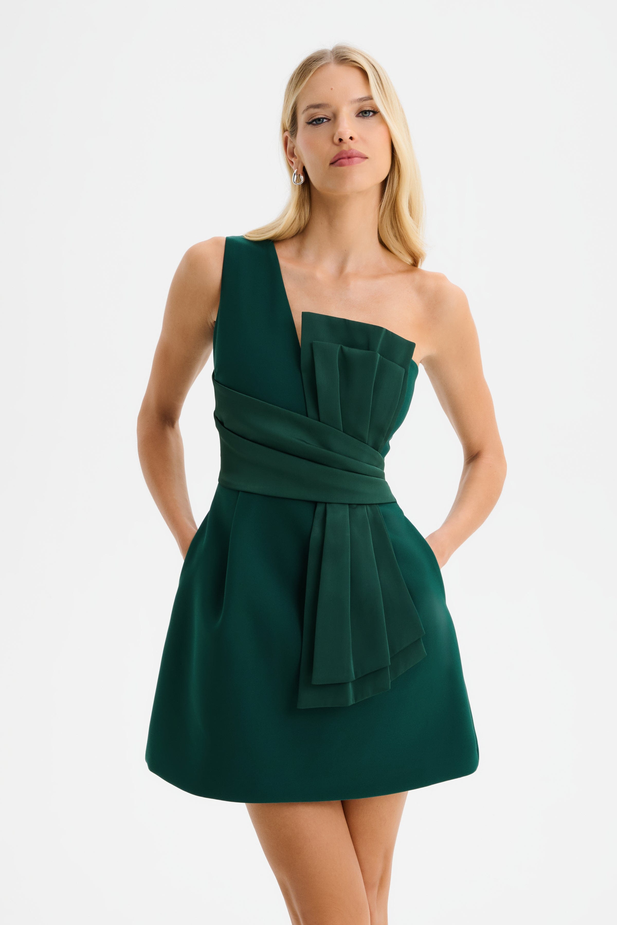 SOPHIA Asymmetric Bow Mini Dress with Tulip Skirt in Emerald Green