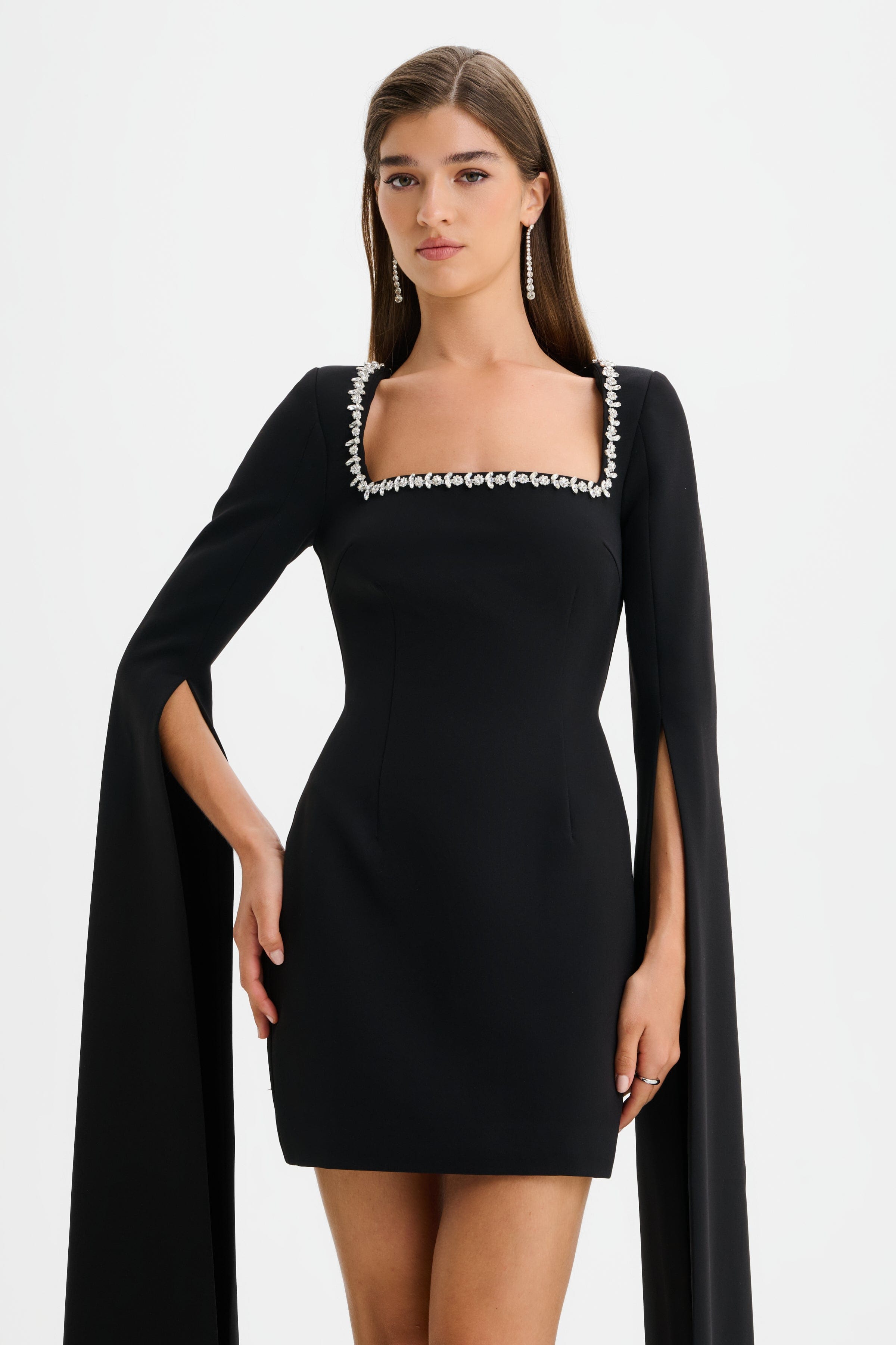 TILLY Square Neck Embellished Cape Sleeve Mini Dress in Black