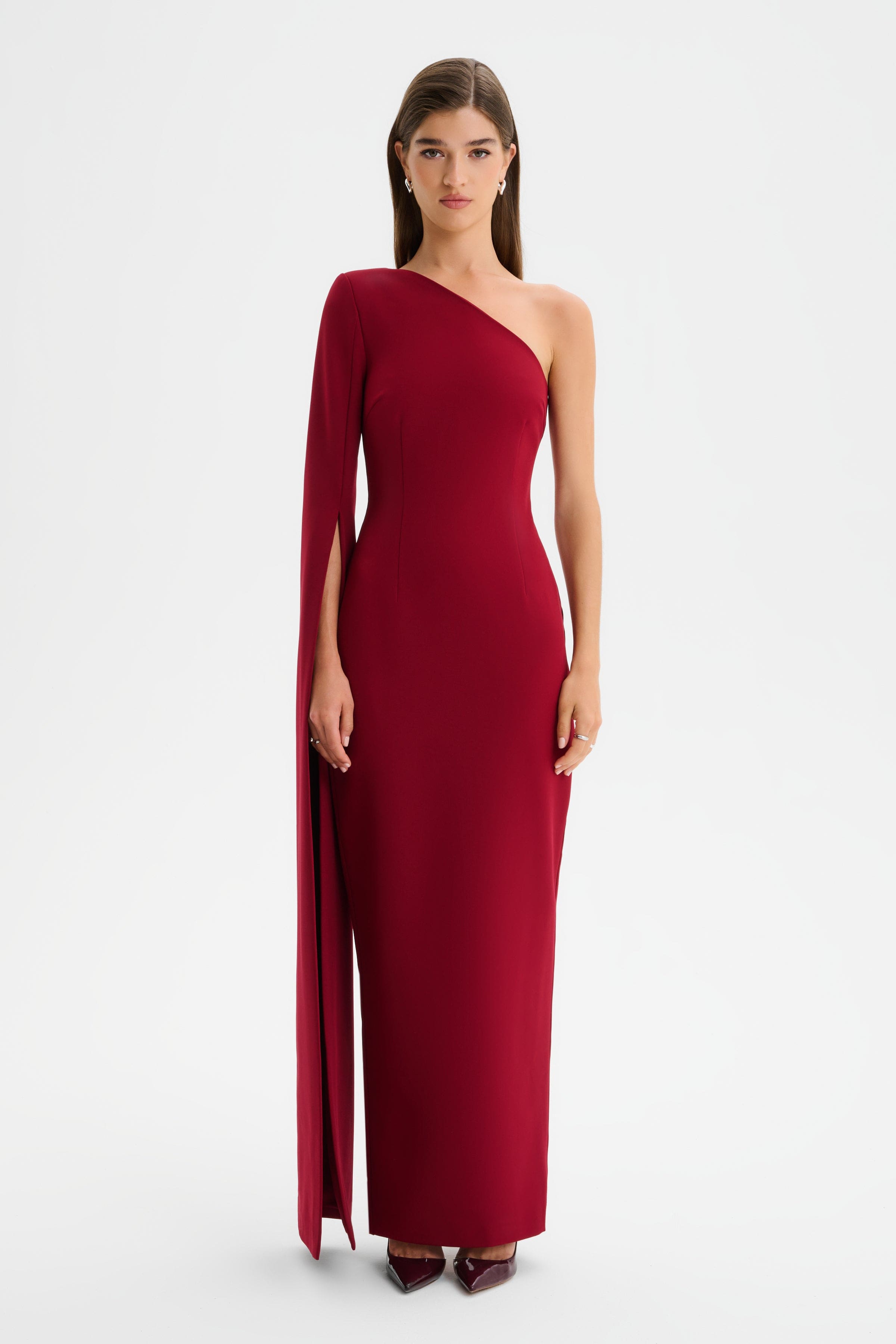 PHOEBE One Shoulder Cape Sleeve Maxi Dress in Burgundy