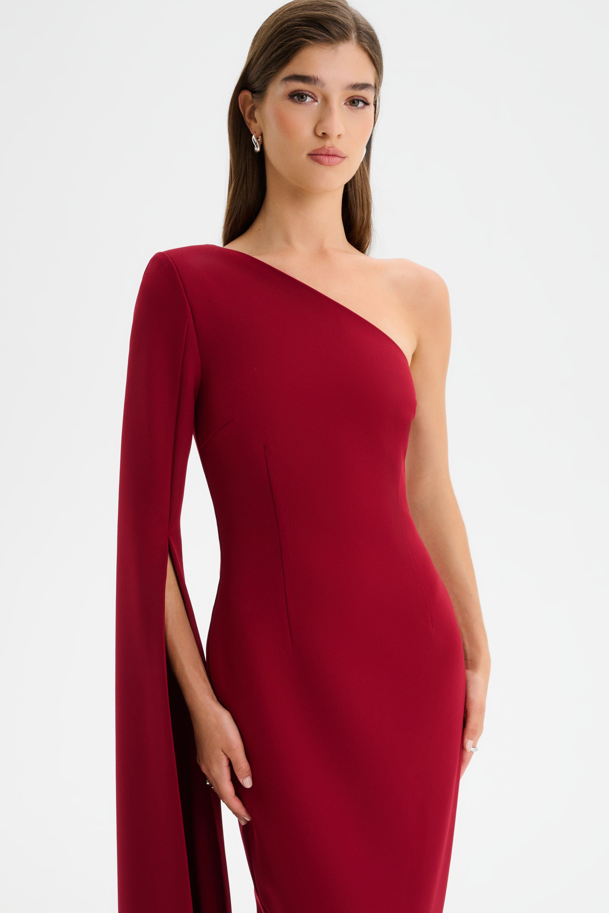 PHOEBE One Shoulder Cape Sleeve Maxi Dress in Burgundy