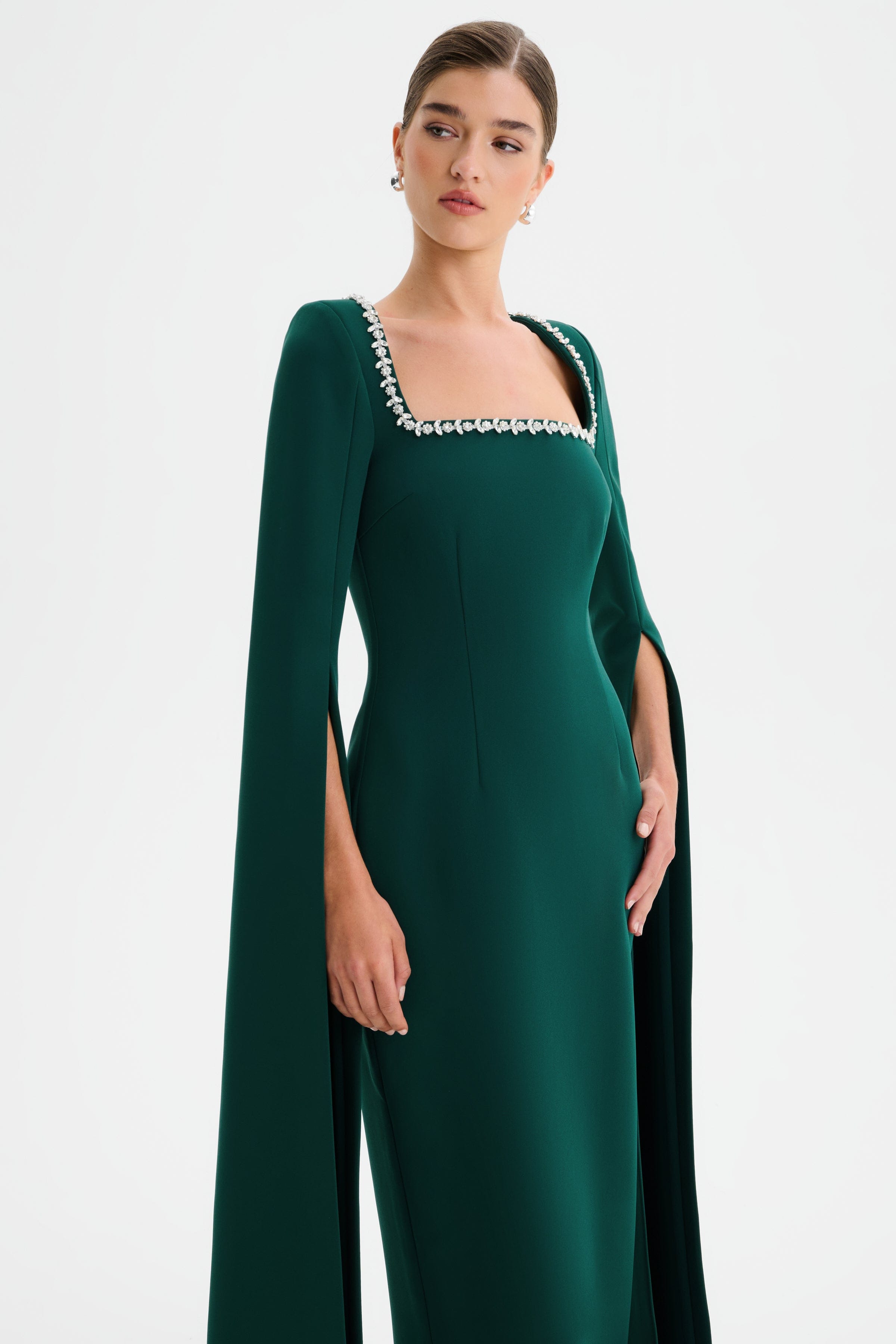 GRACE Square Neck Embellished Cape Sleeve Maxi Dress in Emerald Green