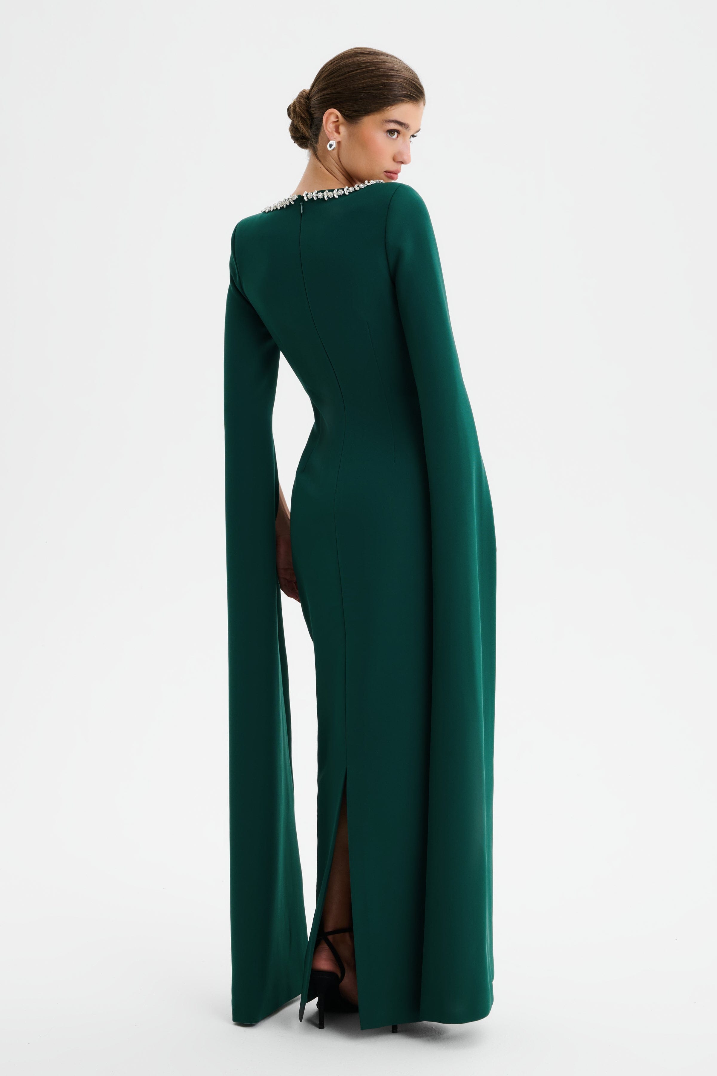 GRACE Square Neck Embellished Cape Sleeve Maxi Dress in Emerald Green