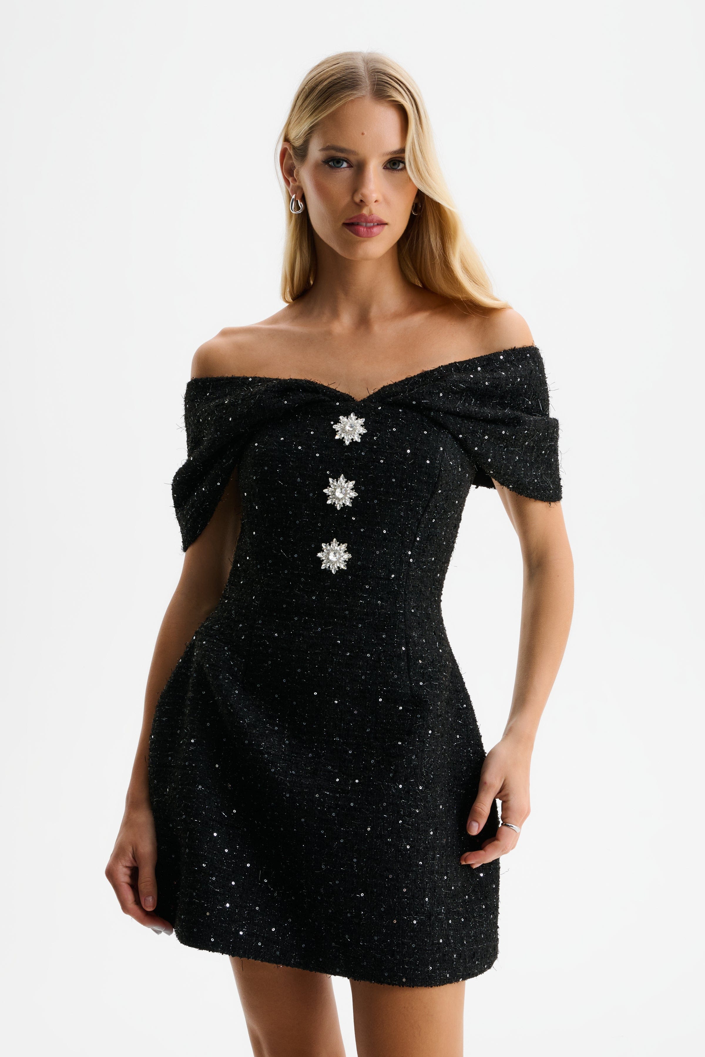 ARIELLA Sequin Boucle Off Shoulder Mini Tulip Dress in Black