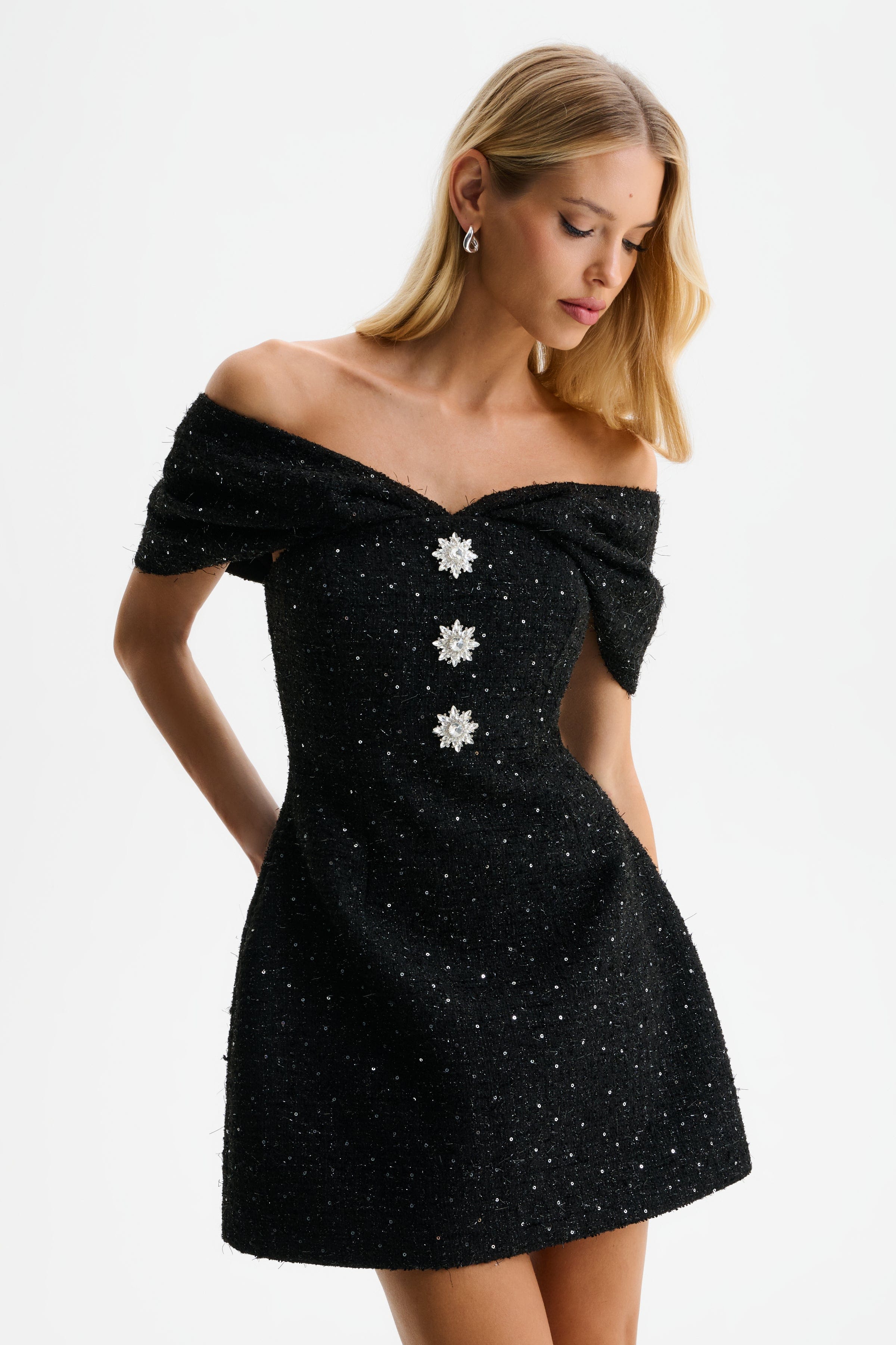 ARIELLA Sequin Boucle Off Shoulder Mini Tulip Dress in Black